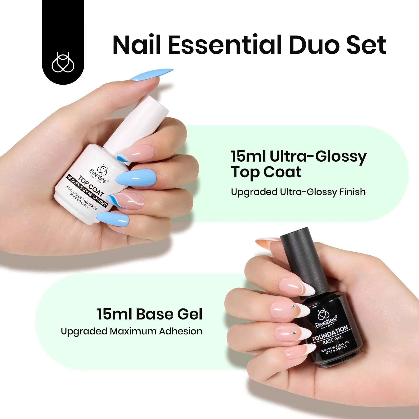 Beetles 2Pcs 15ml Gel Base and Top Coat Set - Upgrade No Wipe Extra Glossy Top Coat Finish for Gel Nail Polish - Image 2