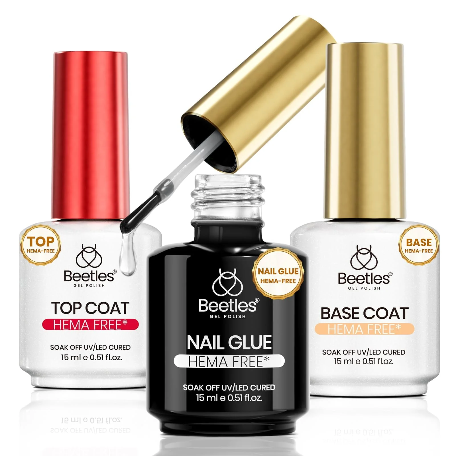 Beetles 3Pcs 15ml HEMA-Free Nail Glue Top Coat & Base Gel Set No Wipe Top Coat Base Nail Glue Gel for False Nails Shine Effect Long Lasting Nail Extension DIY Salon Nails at Home, U V Light Required