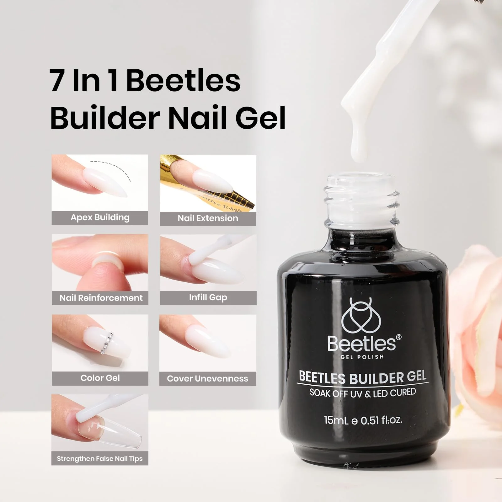 Beetles Builder Gel for Nails -0.5 oz 7 in 1 Milky White Nail Thickening Strengthening Building Apex for Beginner DIY Salon at Home,White Builder Nail Gel, UV & LED Lamp Cured Needed - Image 2