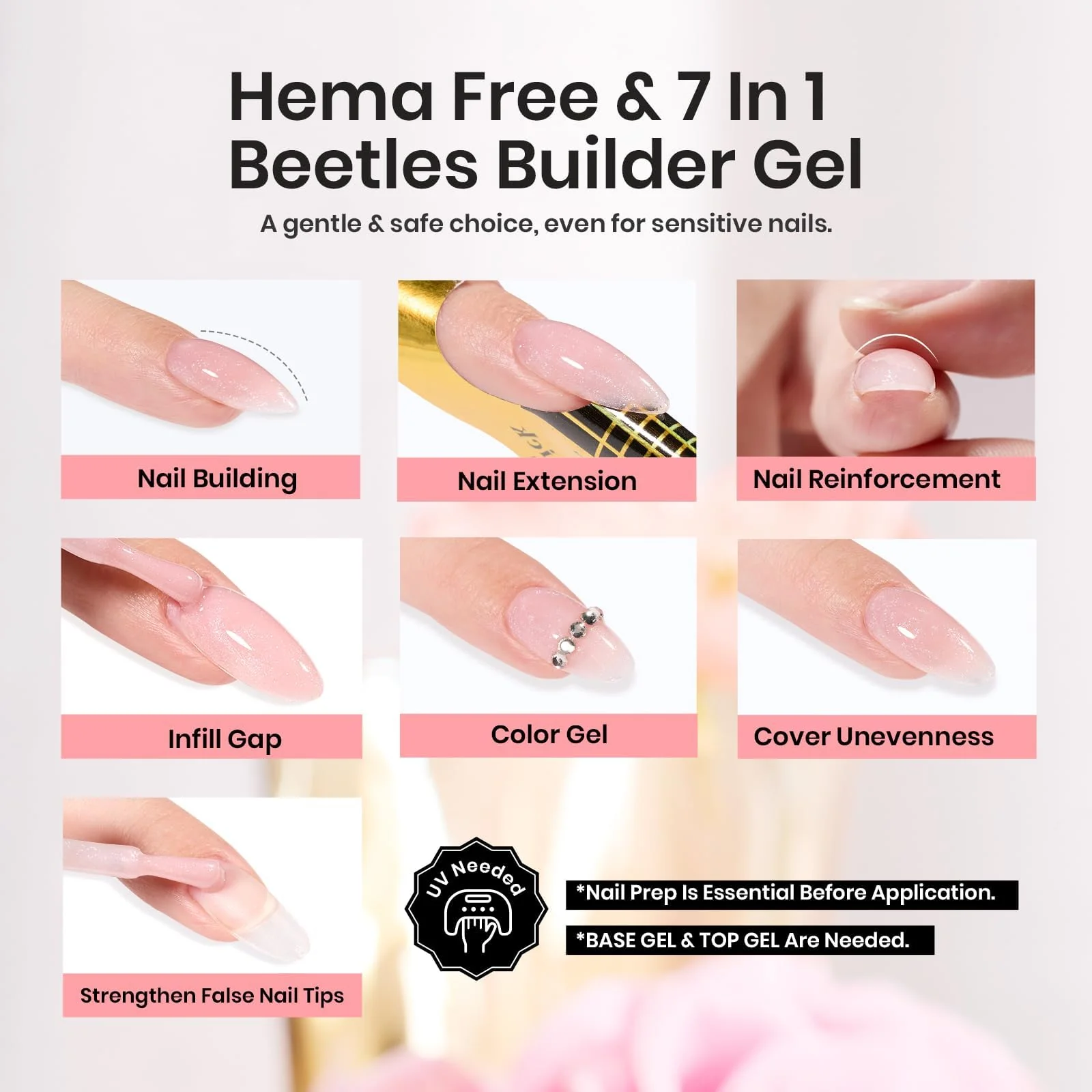Beetles Builder Gel HEMA Free-Lady with Dreams Glitter Pink 0.51 oz 8 in 1 Nail Thickening Strengthening Building Apex for Beginner DIY Salon at Home, Pink Builder Nail Gel, UV & LED Lamp Cured - Image 4