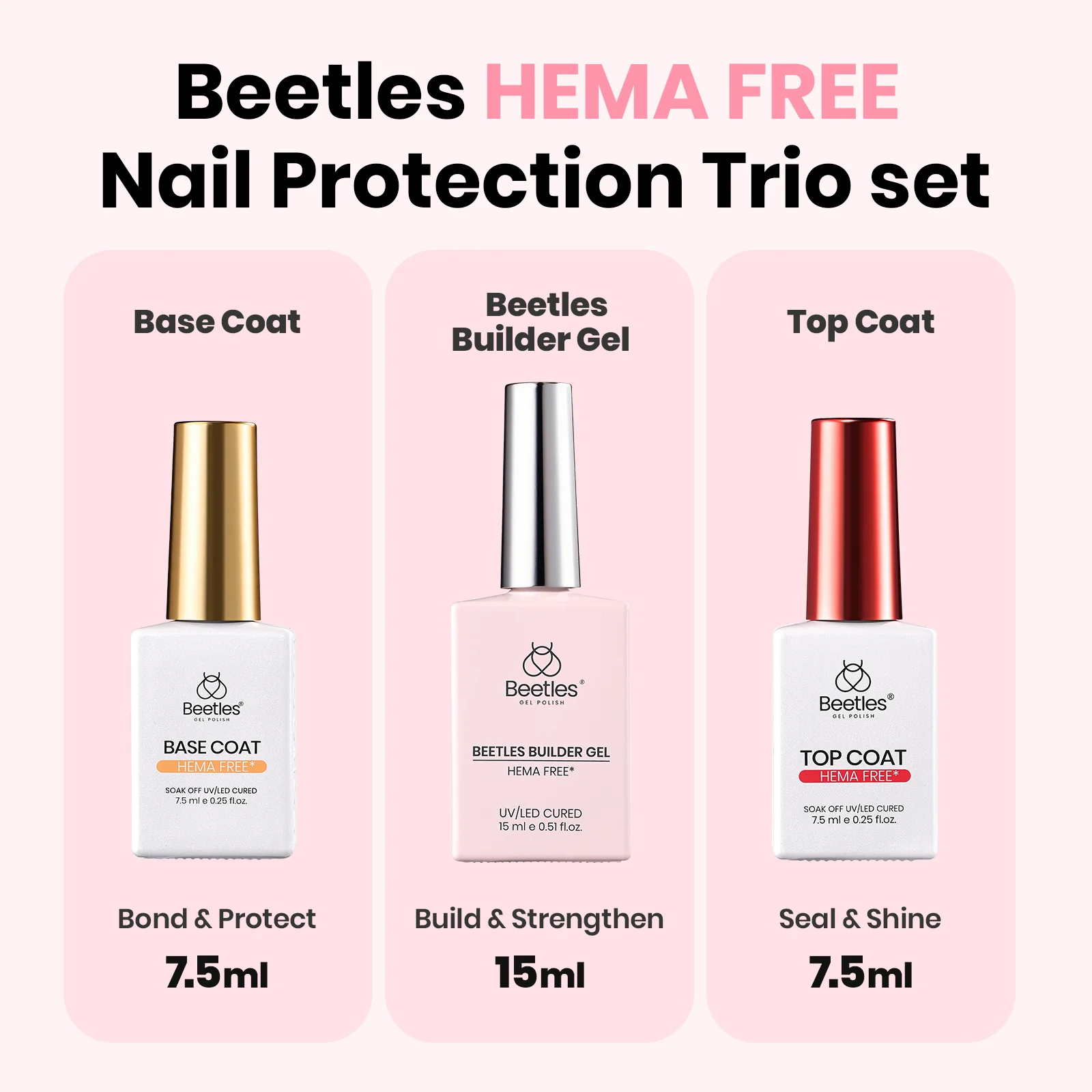Beetles Builder Gel HEMA-Free,Nail Protection Trio Set 3 Pcs 8 in 1 Nail Strengthening Apex Building Extension for Beginner DIY Salon at Home,Clear Gel Builder with Base & Top Coat,UV & LED Cured - Image 3