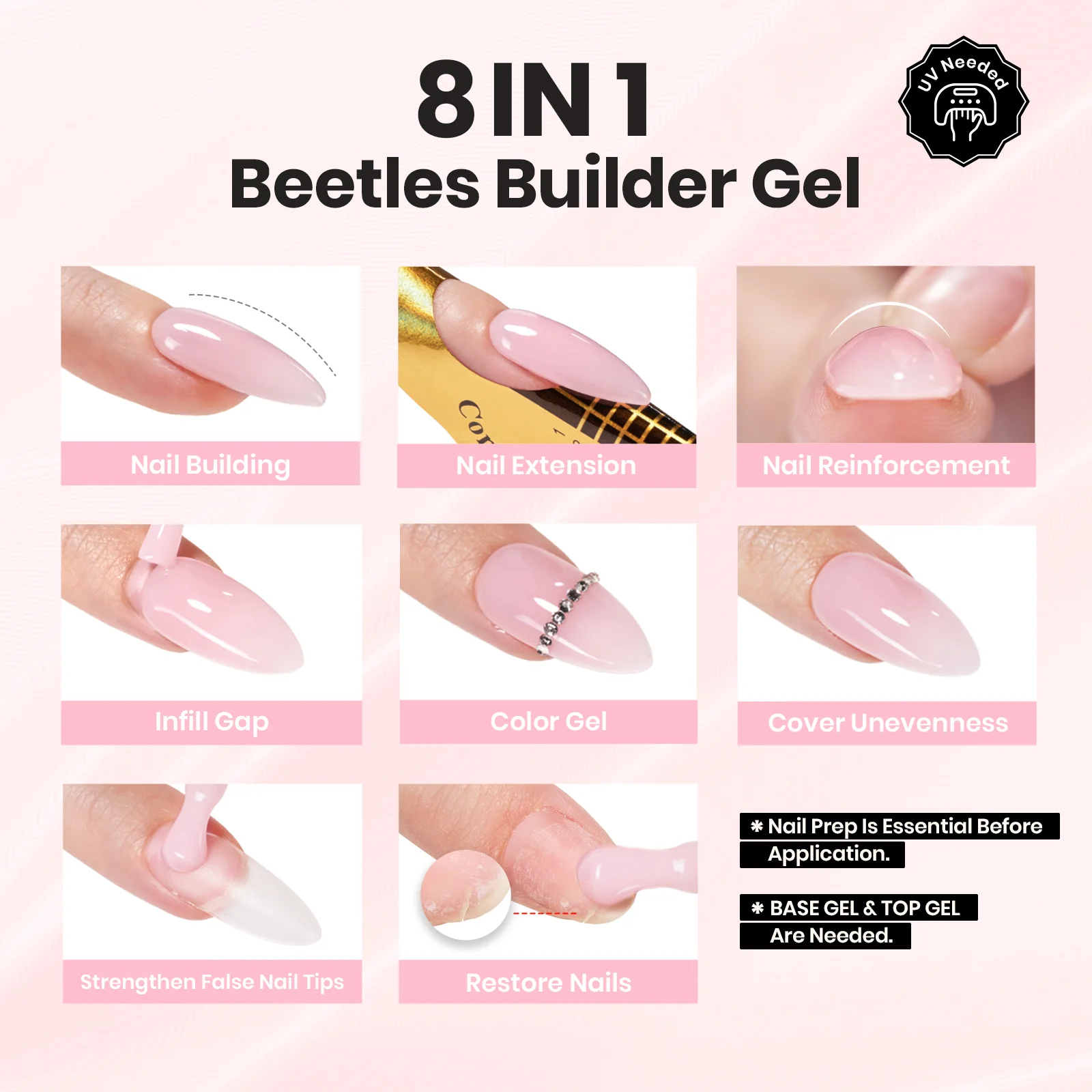 Beetles Builder Gel HEMA-Free,Nail Protection Trio Set 3 Pcs 8 in 1 Nail Strengthening Apex Building Extension for Beginner DIY Salon at Home,Clear Gel Builder with Base & Top Coat,UV & LED Cured - Image 5