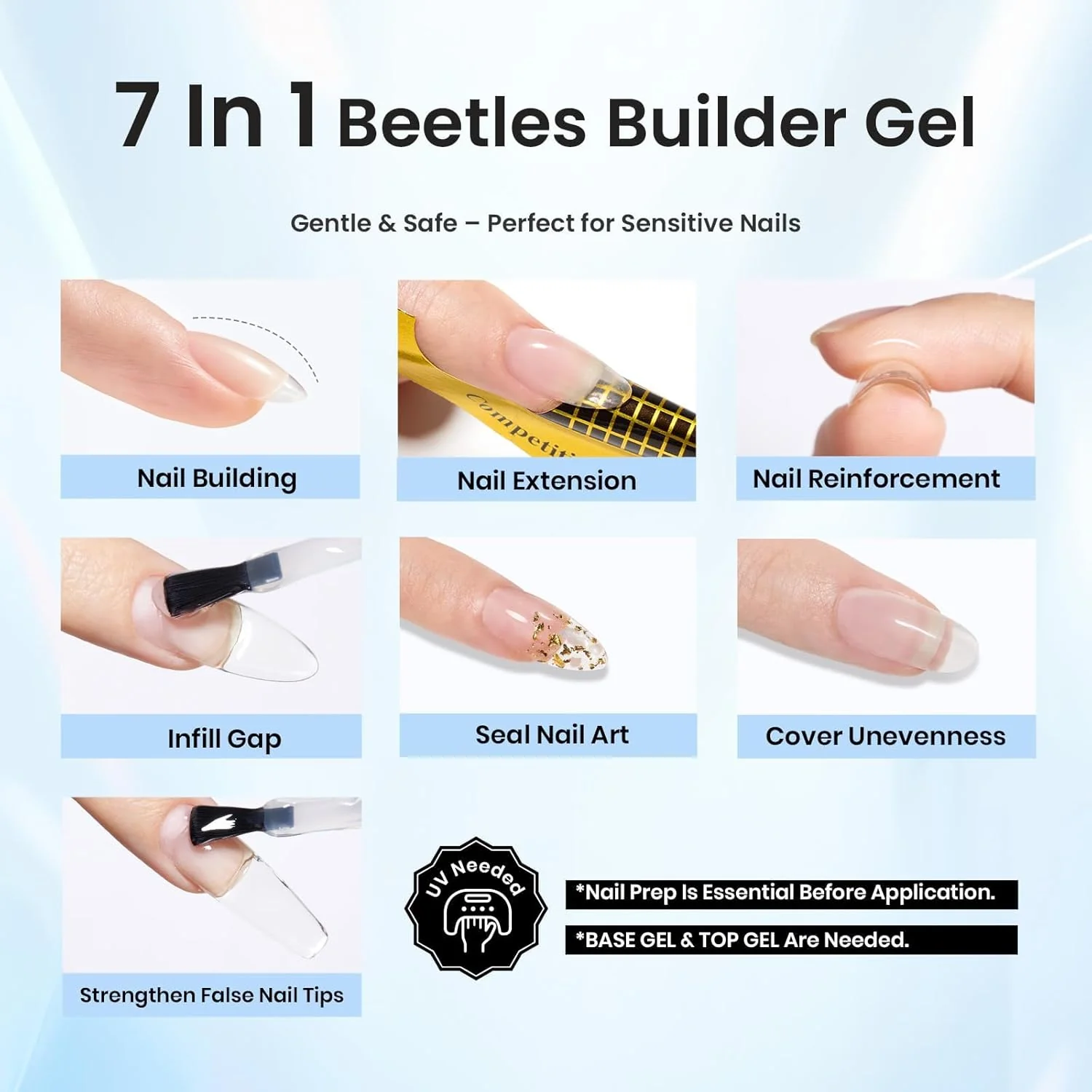Beetles Builder Gel Kit-Dew Glow 2Pcs 0.51oz 8 in 1 Nail Extension Building Nail Apex Strengthener for Thin Nails with Liner Brush DIY Salon at Home for Beginners,UV & LED Lamp Needed - Image 3