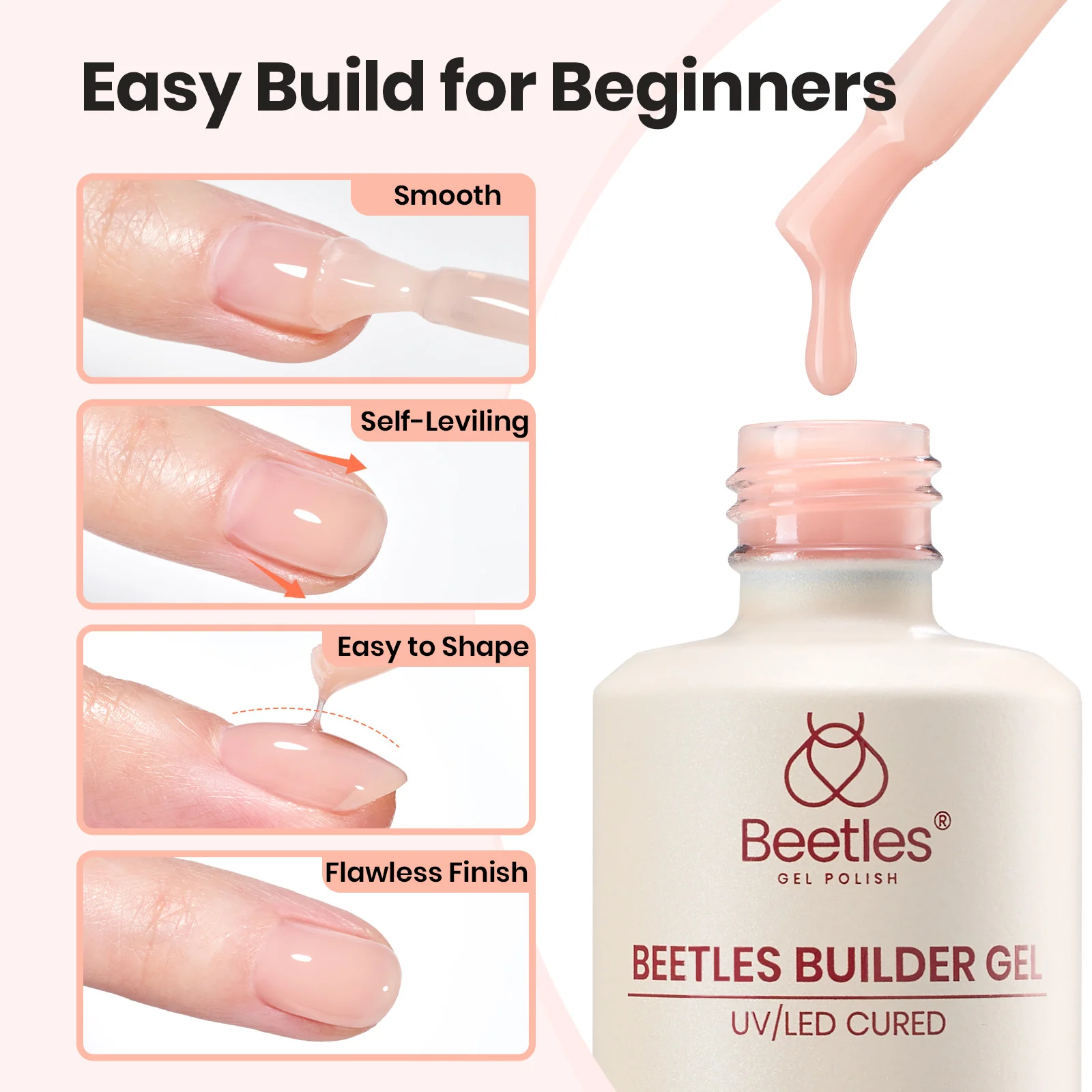 Beetles Builder Gel Nail Kit-Silken Petal 2 Pcs 8 in 1 Nail Thickening Strengthening Building Apex for Beginner DIY Salon at Home,UV Clear & Jelly Nude Builder Gels with Nail Brush,New Bottle - Image 4