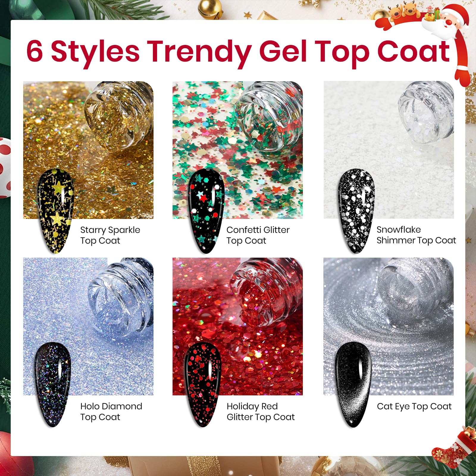 Beetles Christmas Limited Gel Top Coat Set - 6Pcs 10ml Winter Sparkle Glitter Cat Eye Top Coat Gel Nail Polish - Image 3