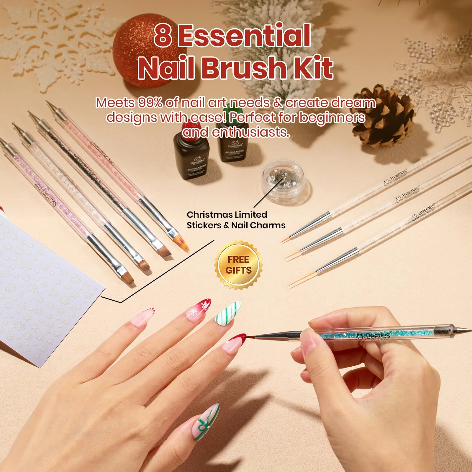 Beetles Christmas Nail Art Brushes 8pcs – Crystal Christmas Nail Art Tools - Image 2