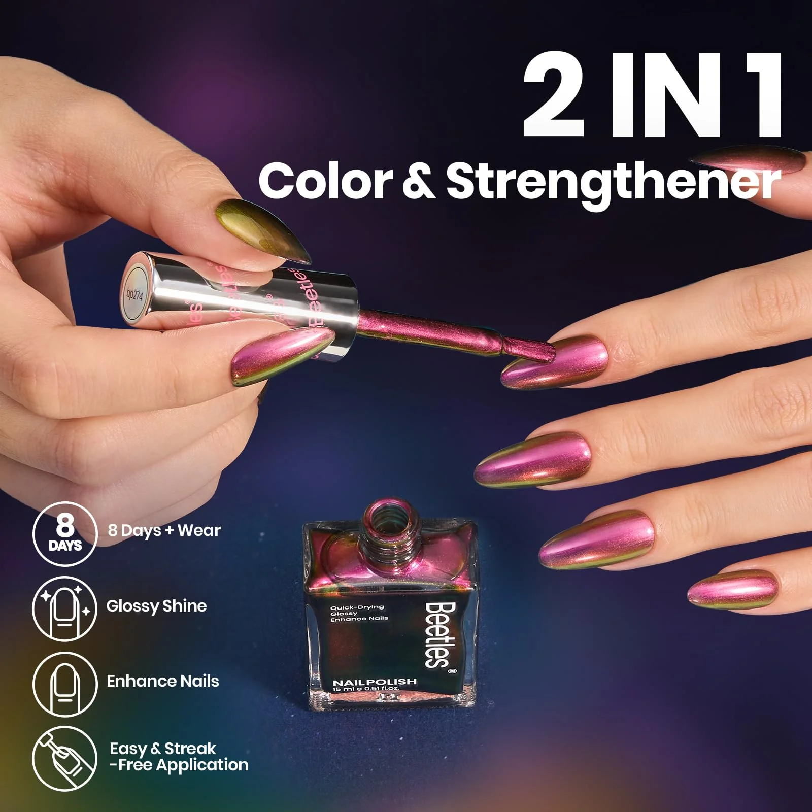 Beetles Chrome Nail Polish - Chameleon Ember Holographic Nail Polish Quick Dry Glitter Red Gold Purple - Image 7