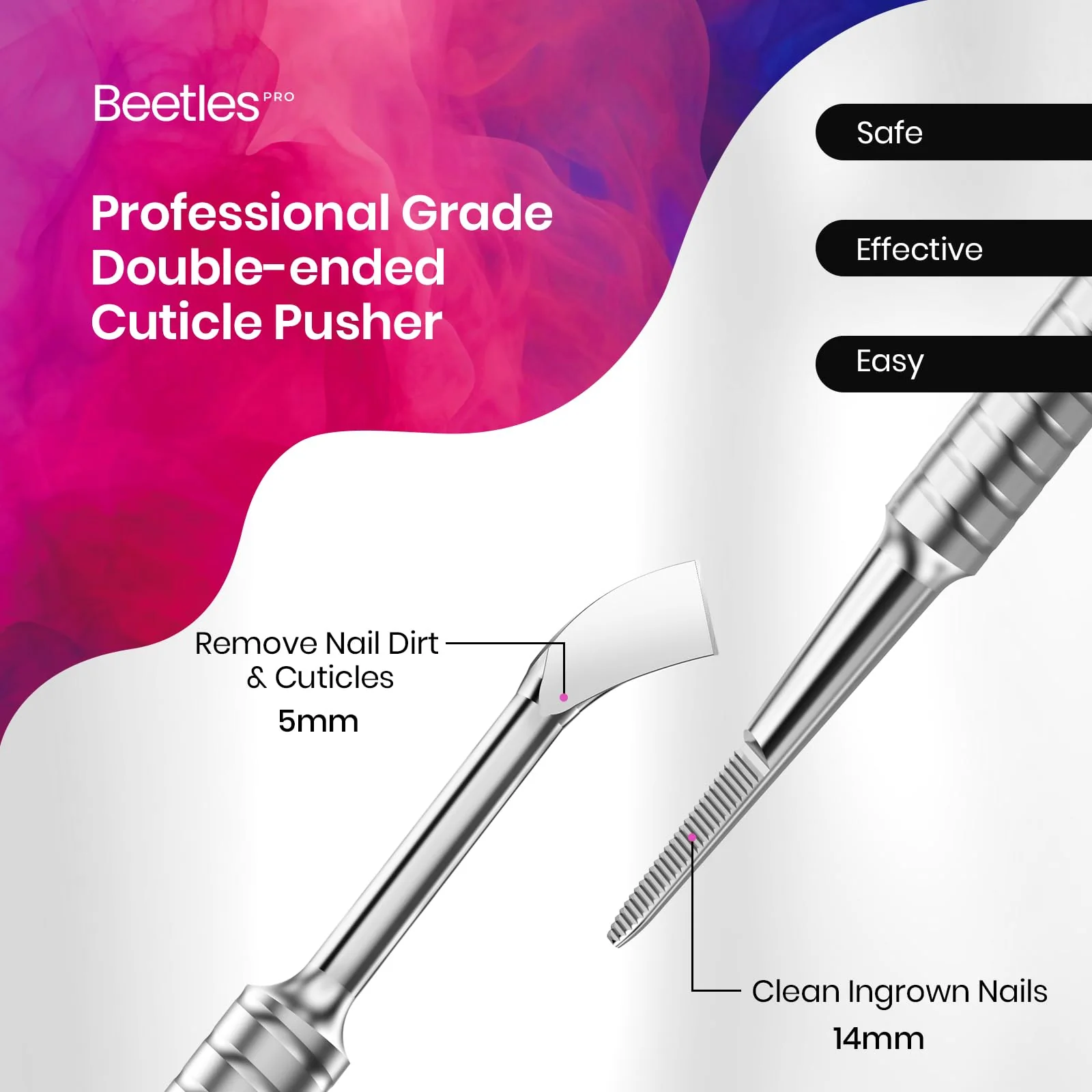 Beetles Dual-End Nail Pusher & Cuticle Cleaner 14mm Serrated Edge & 5mm Curved Blade - Image 2