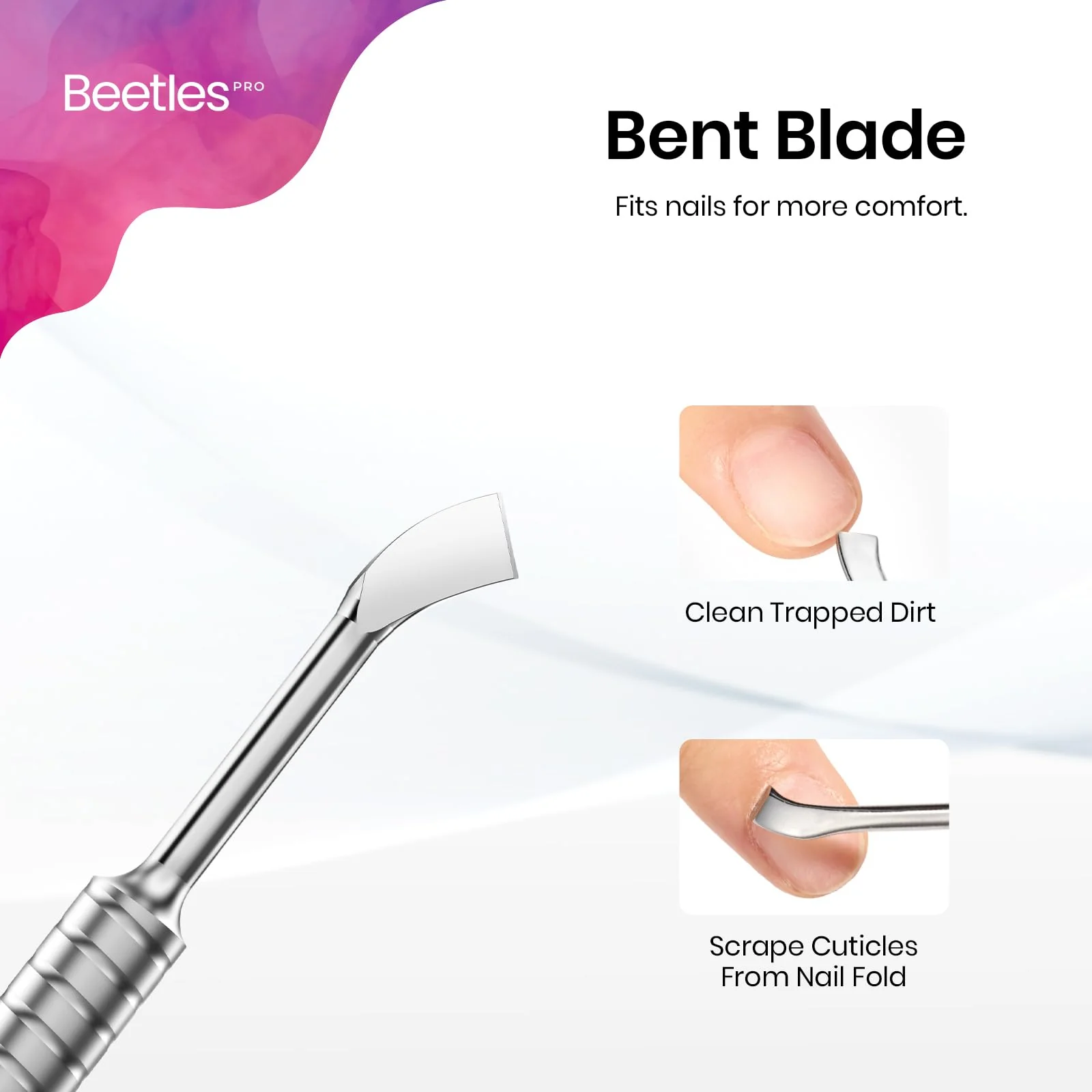Beetles Dual-End Nail Pusher & Cuticle Cleaner 14mm Serrated Edge & 5mm Curved Blade - Image 4