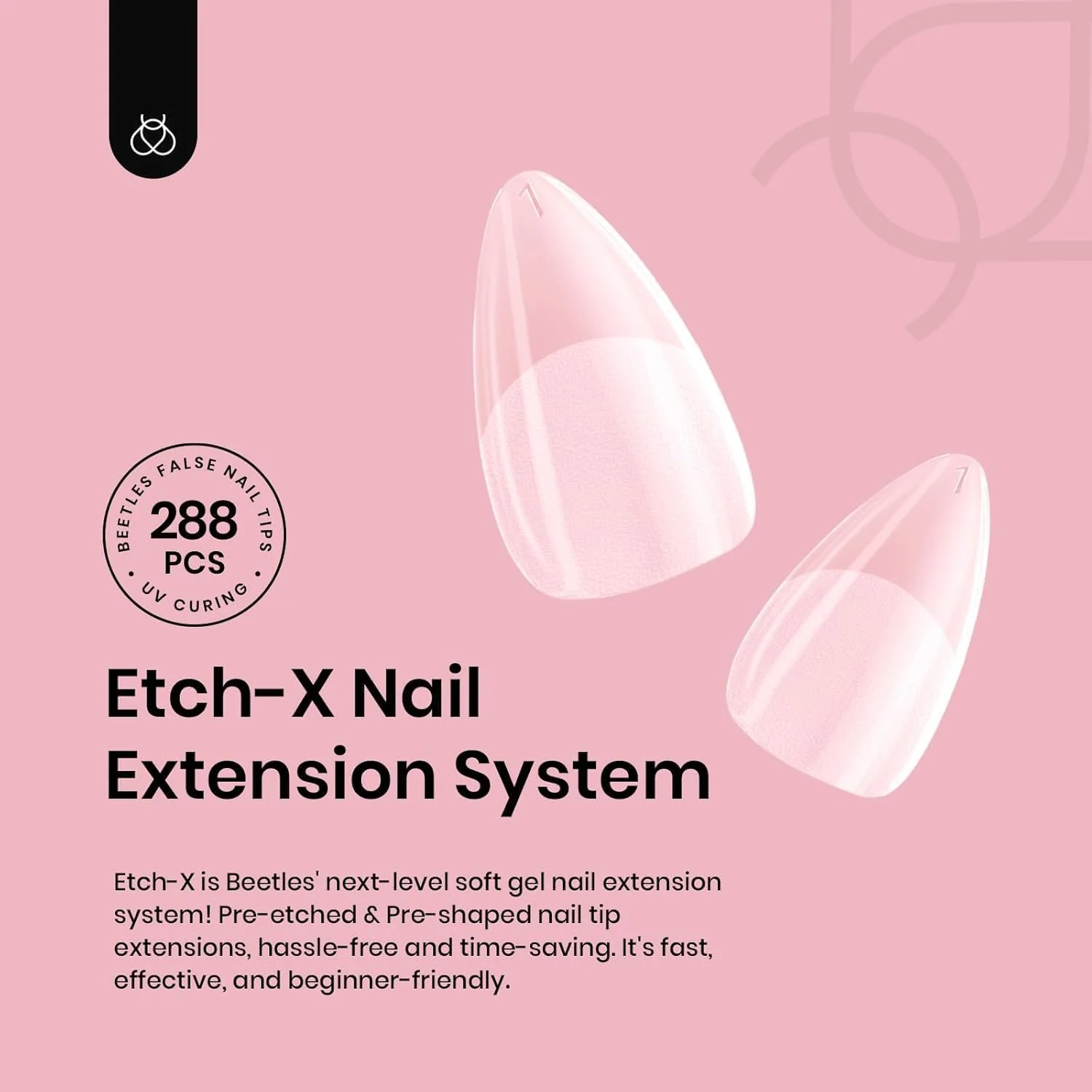 Beetles Etch-X Extra Short Almond Nail Tips - 288 Pcs Pre-Shaped Clear Full Cover (12 Sizes) - Image 2