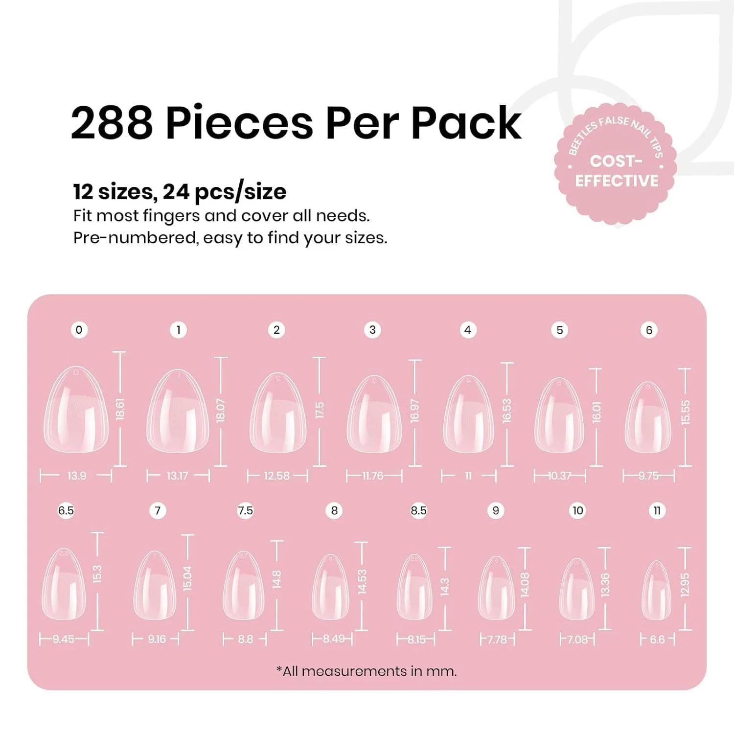 Beetles Etch-X Extra Short Almond Nail Tips - 288 Pcs Pre-Shaped Clear Full Cover (12 Sizes) - Image 8