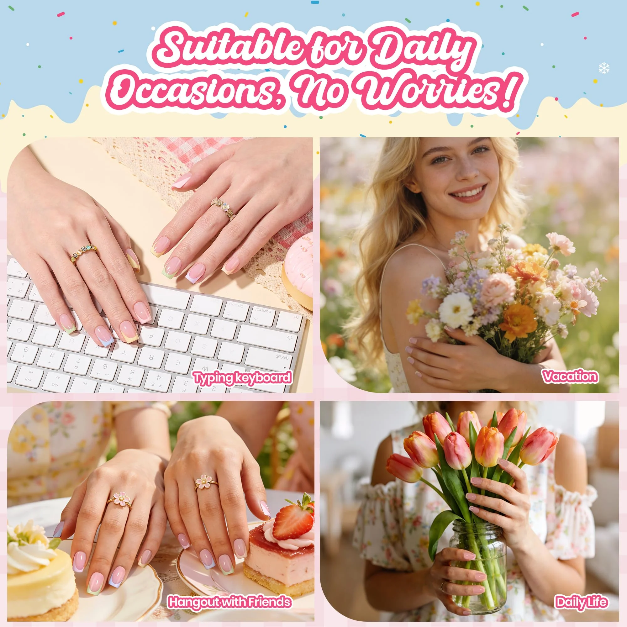 Beetles French Tips Press On Nails, Pastel Spring Nails Short Almond 6 Colors 192 Pcs, Spring Fake Nail Tips - Image 3