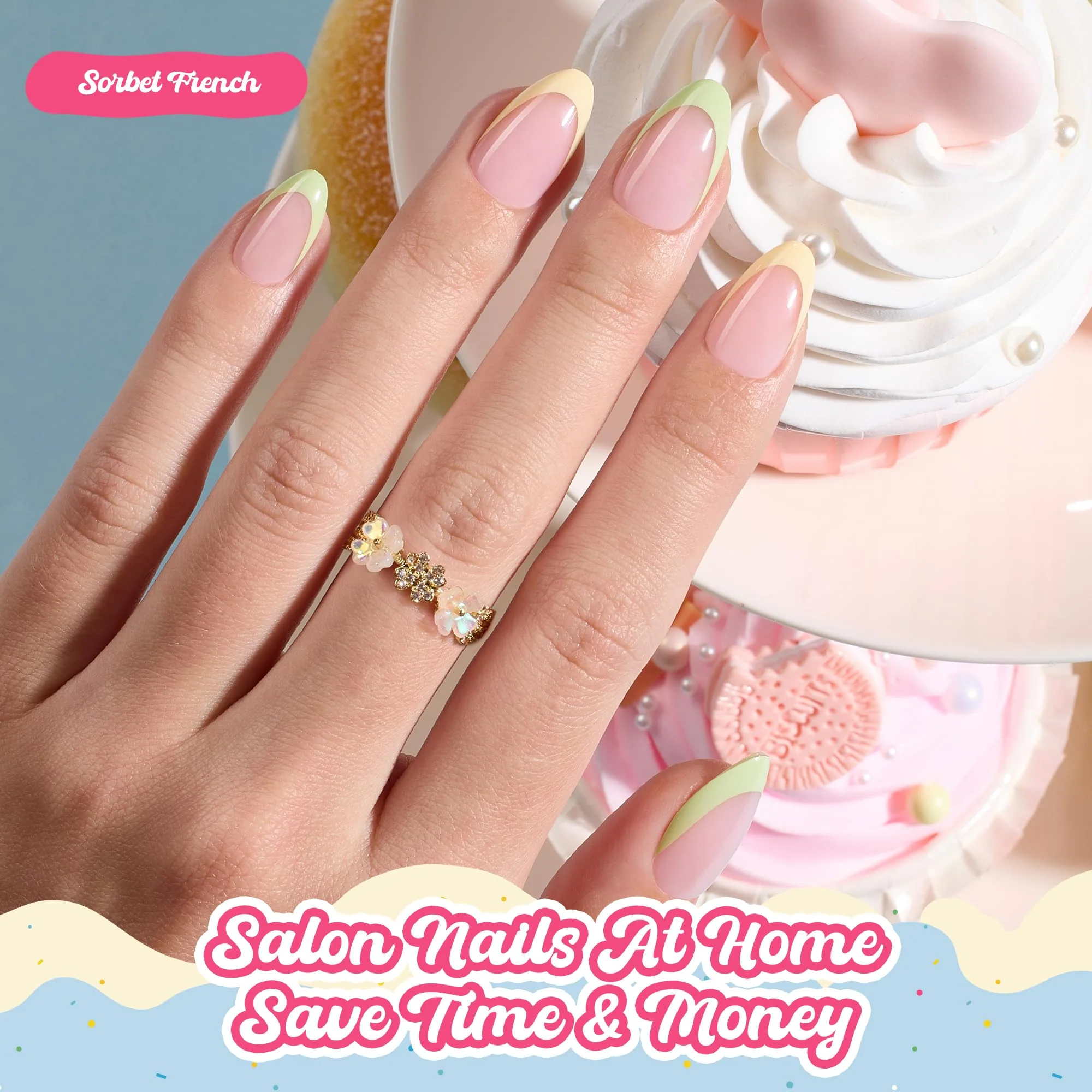 Beetles French Tips Press On Nails, Pastel Spring Nails Short Almond 6 Colors 192 Pcs, Spring Fake Nail Tips - Image 8