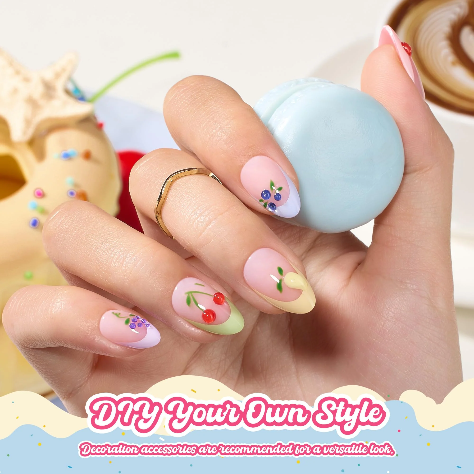 Beetles French Tips Press On Nails, Pastel Spring Nails Short Almond 6 Colors 192 Pcs, Spring Fake Nail Tips - Image 9