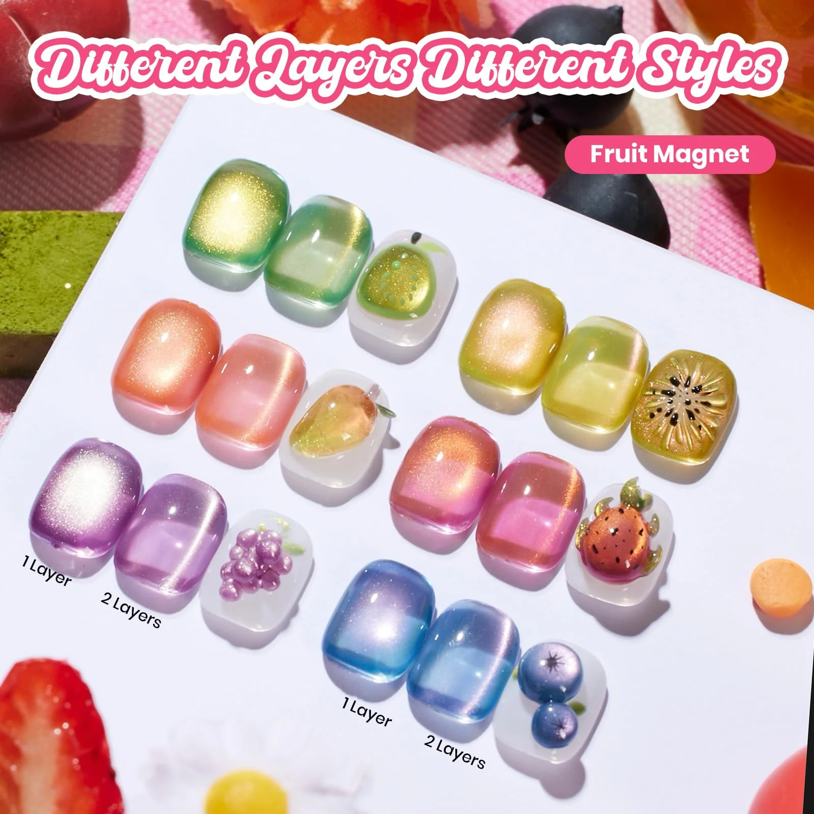 Beetles Fruit Magnet Cat Eye Gel Nail Polish Set - Spring Nails 6 Colors Spring Gel Polish Kit Glitter Cat Eye - Image 5