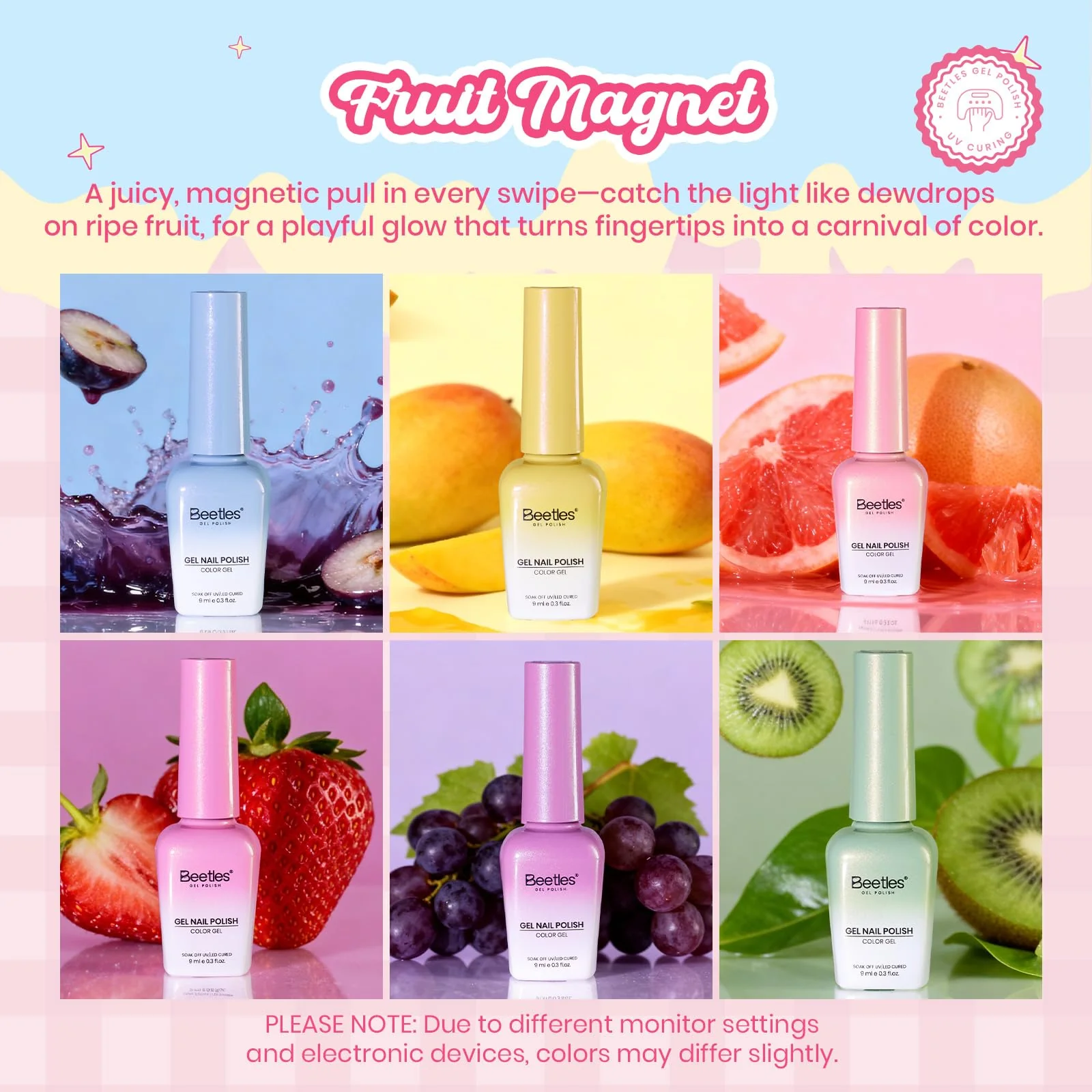 Beetles Fruit Magnet Cat Eye Gel Nail Polish Set - Spring Nails 6 Colors Spring Gel Polish Kit Glitter Cat Eye - Image 6
