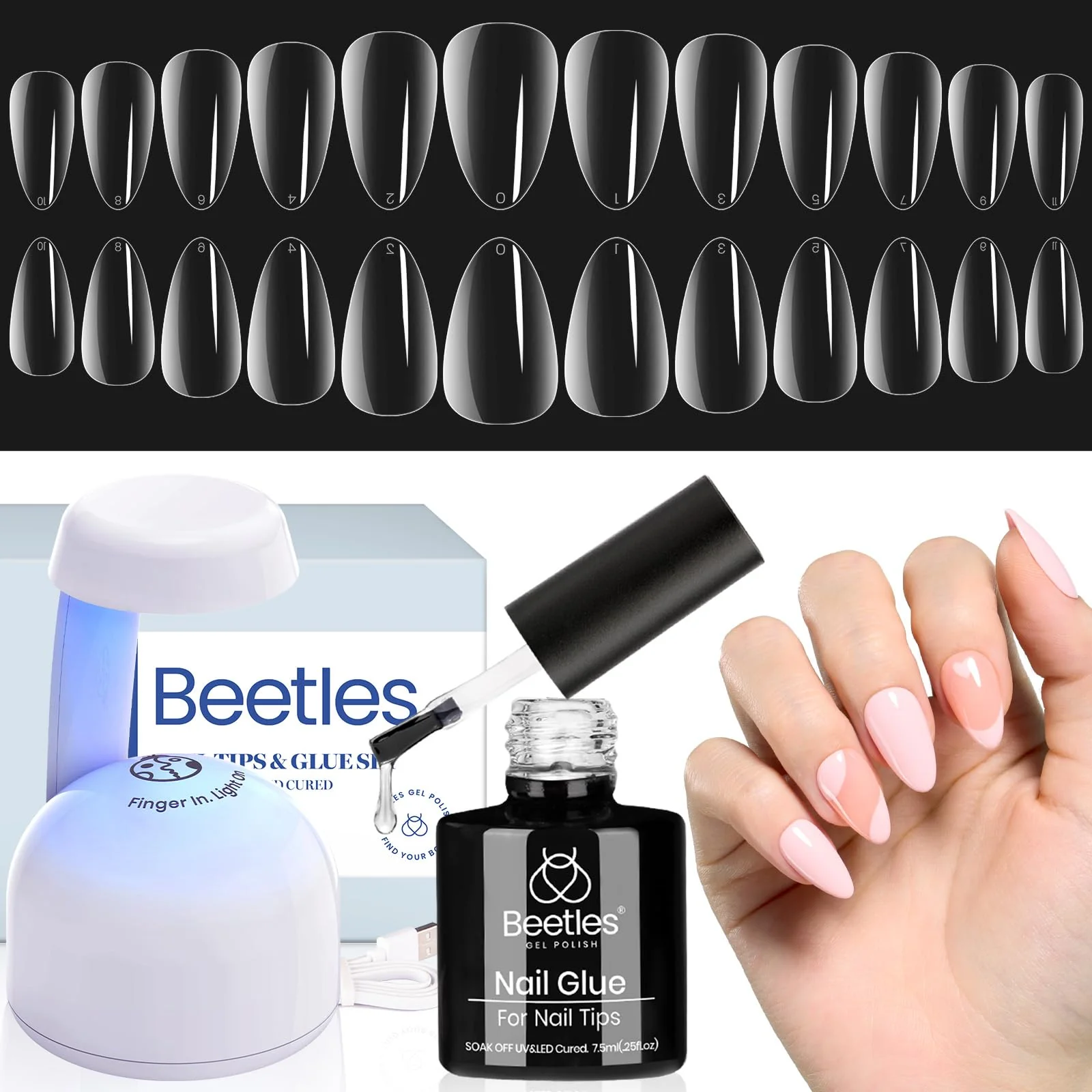 Beetles Gel Nail Kit Almond-500Pcs Gel Nails Tip Easy Extension Set
