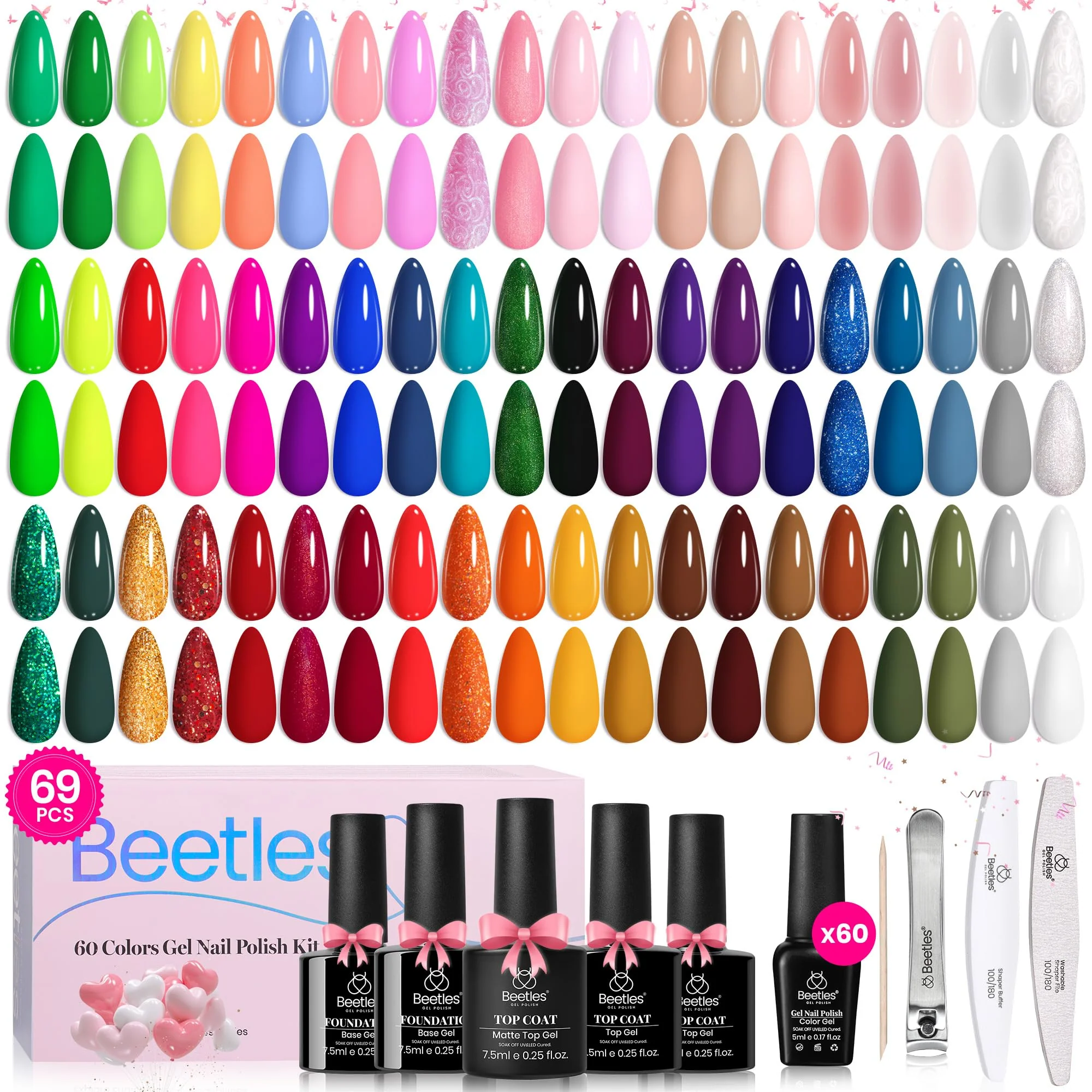 Beetles Gel Nail Polish Set | Spring Nails 60 PCS 60 Colors Long Wearing Neon Pastel 69pcs