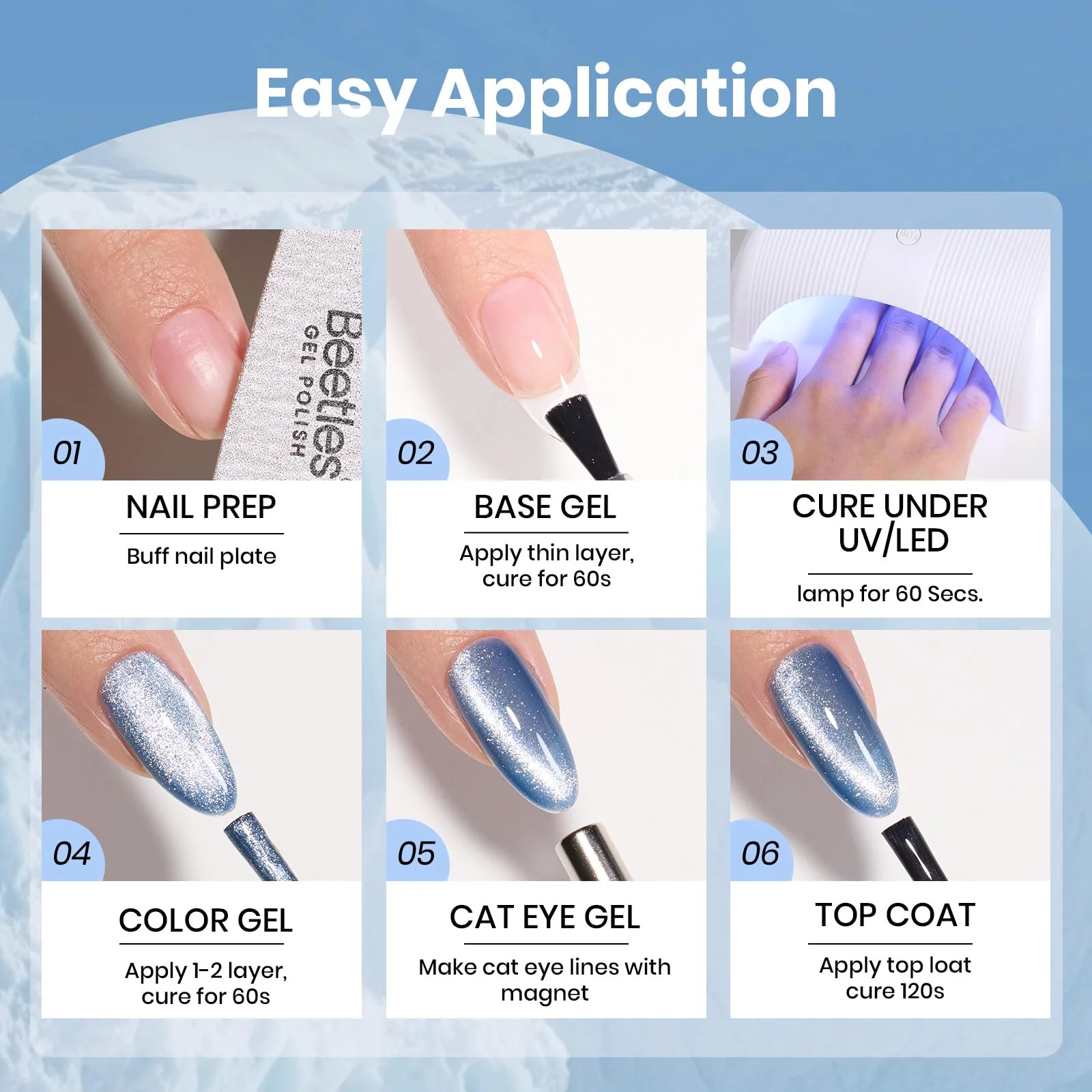 Beetles Glacial Sigh HEMA FREE Gel Nail Polish - Spring Nails 15ML Icy Blue Nails Glassy Blue Glitter Cat Eye Gel Polish - Image 6