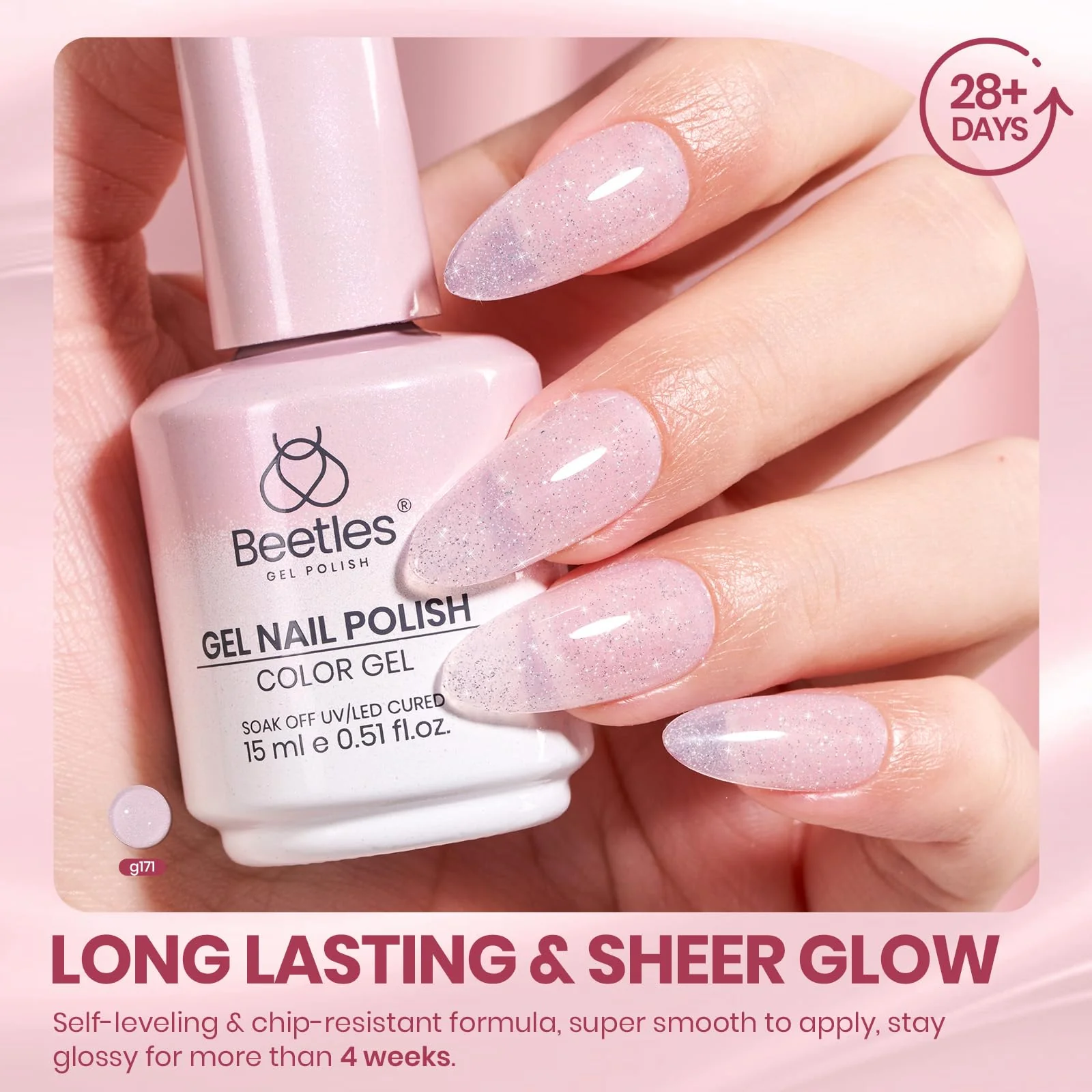 Beetles Glitter Pink Gel Nail Polish -  Spring Nails 15ML Soft Glow Fragments Pink Nude Natural Glitter Gel Polish - Image 4