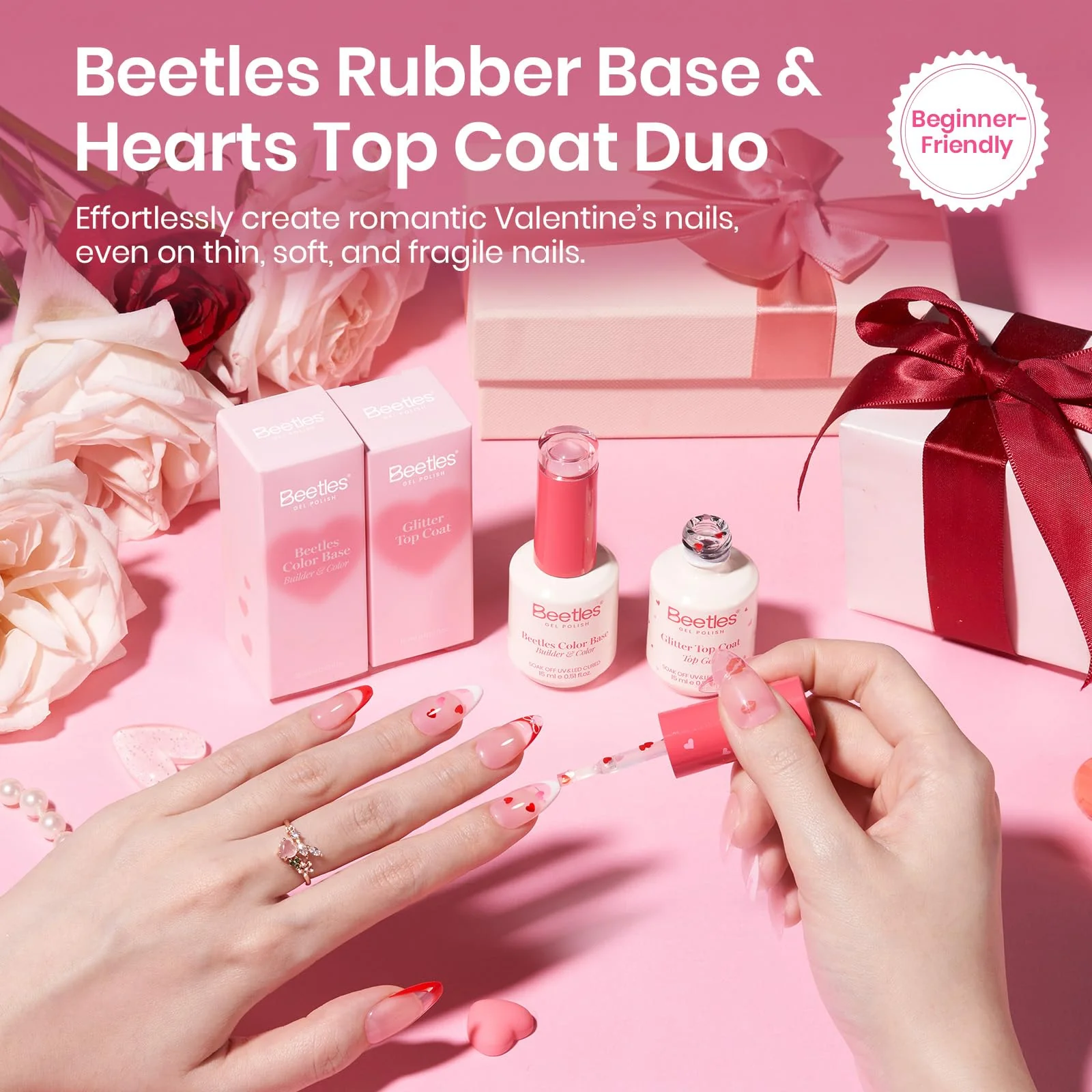 Spring Nails Essential: Beetles Heart Glitter Gel Top Coat & Pink Rubber Base Builder Nail Gel Set - Image 2