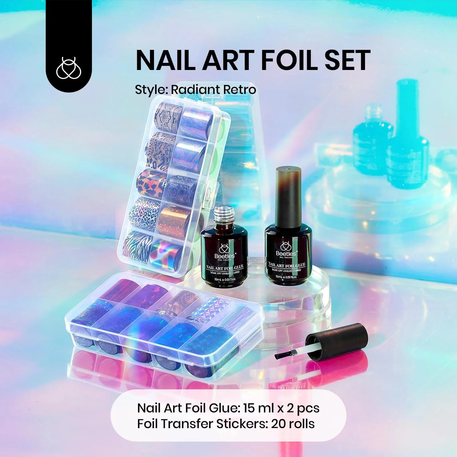 Beetles Nail Foil Art Kit 15ML*2 With 20 Pcs Classic Stickers Nail Transfer Set - Image 5