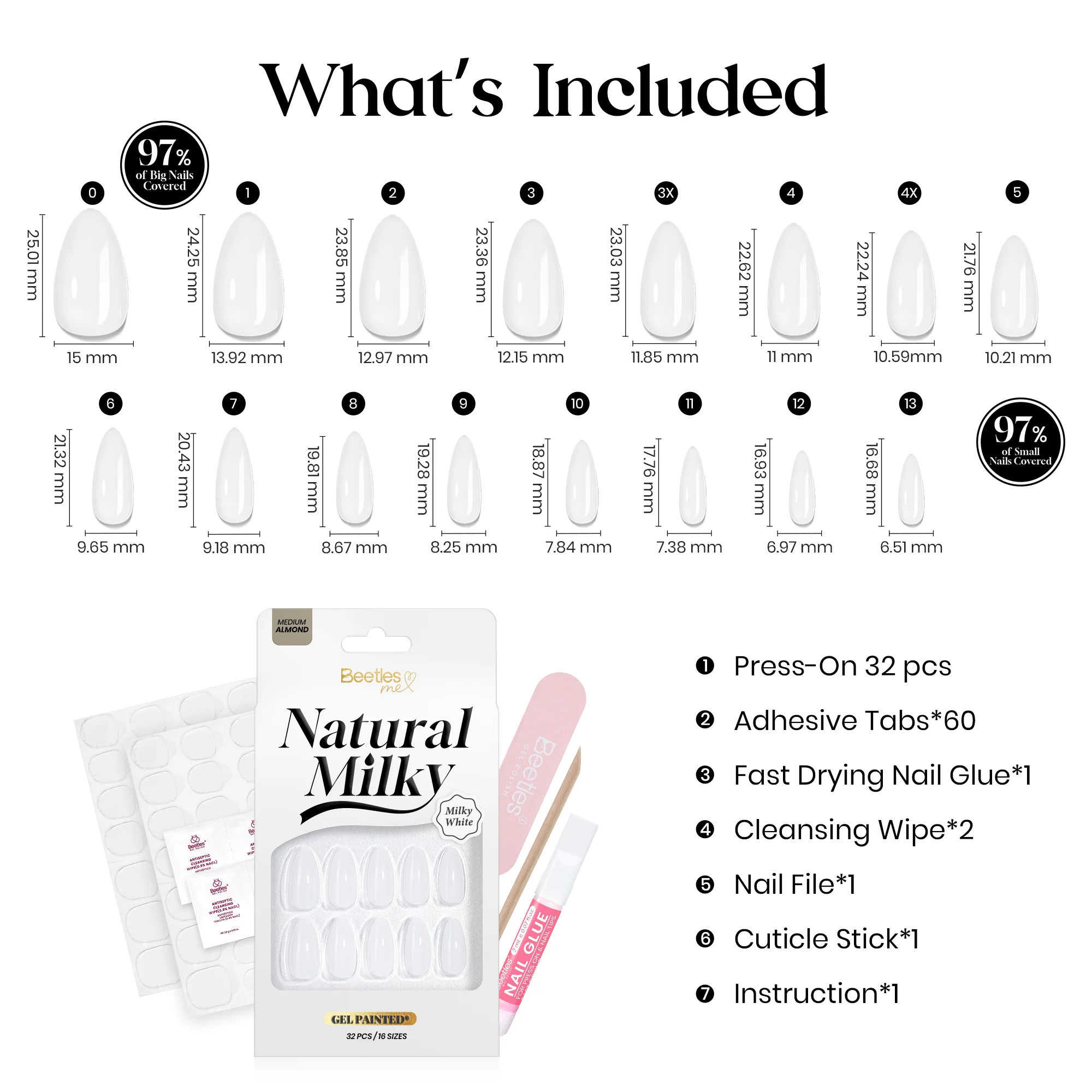 Beetles Natural Milky Press On Nails | Milky White Medium Almond 16 sizes-32pcs - Image 7