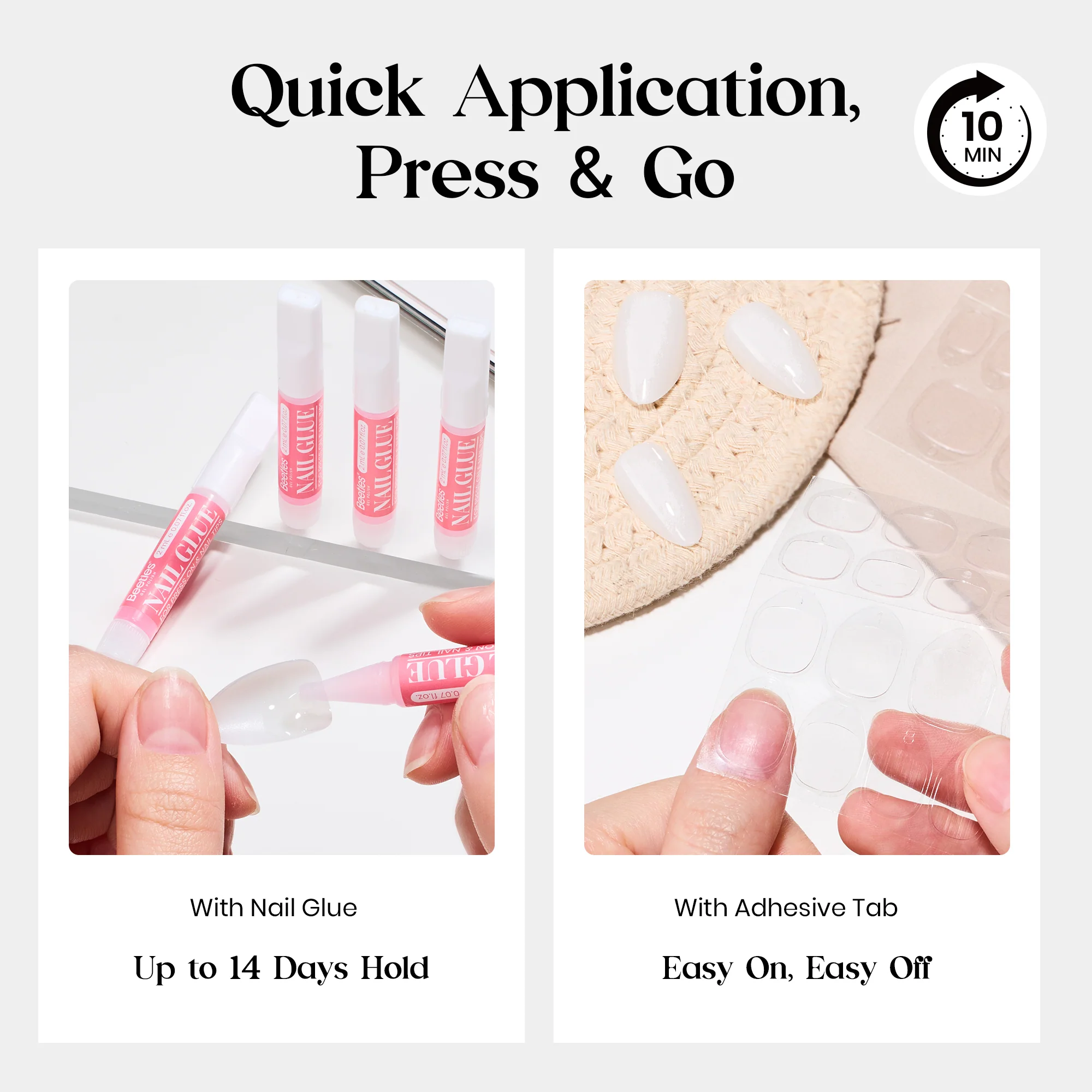 Beetles Natural Milky Press On Nails | Milky White Short Almond 16 sizes-32pcs - Image 4