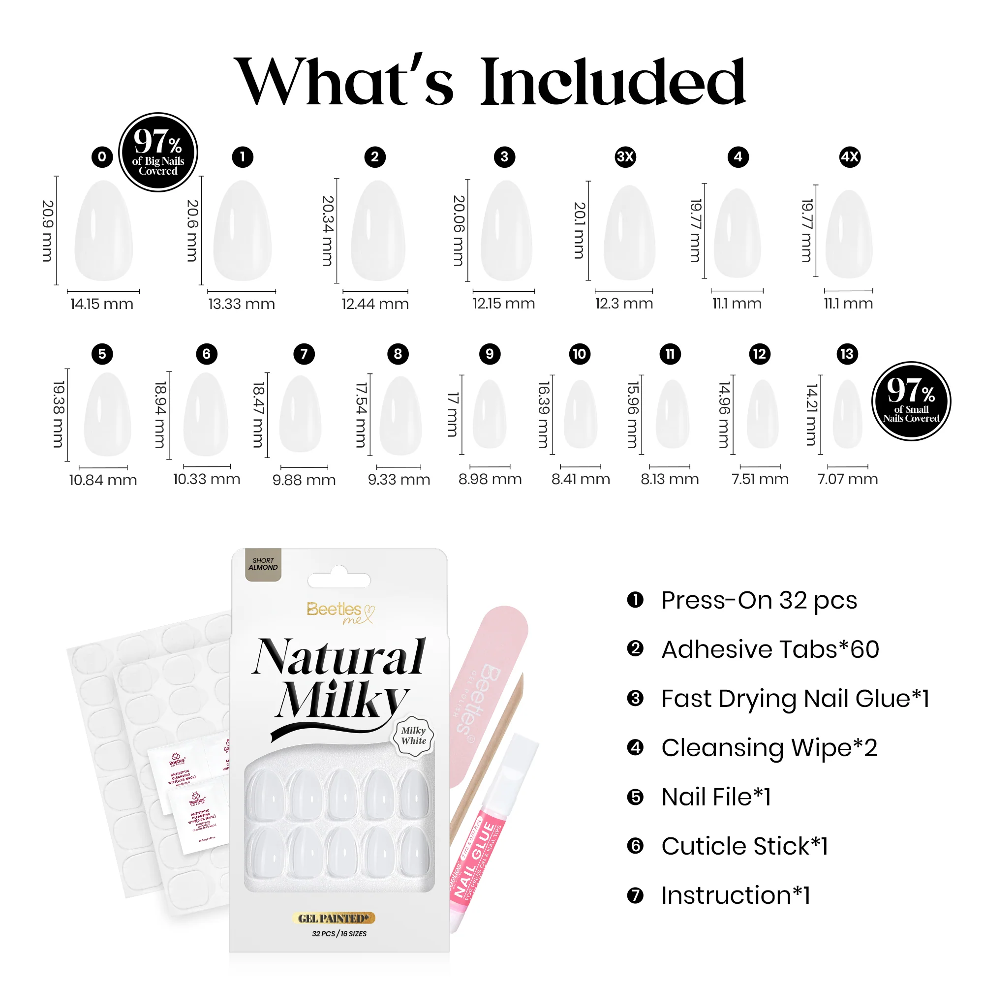 Beetles Natural Milky Press On Nails | Milky White Short Almond 16 sizes-32pcs - Image 7