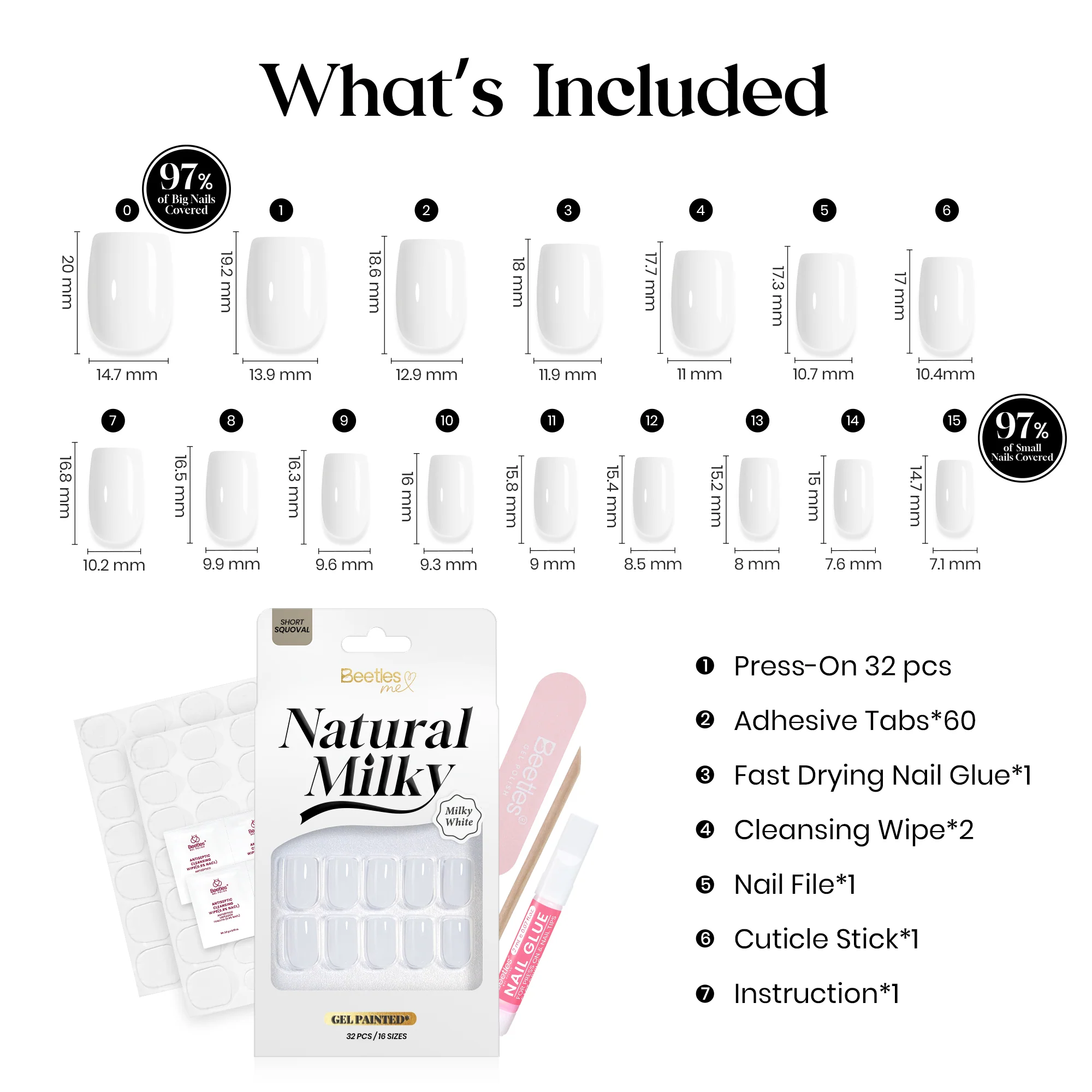 Beetles Natural Milky Press On Nails | Milky White Short Squoval 16 sizes-32pcs - Image 7