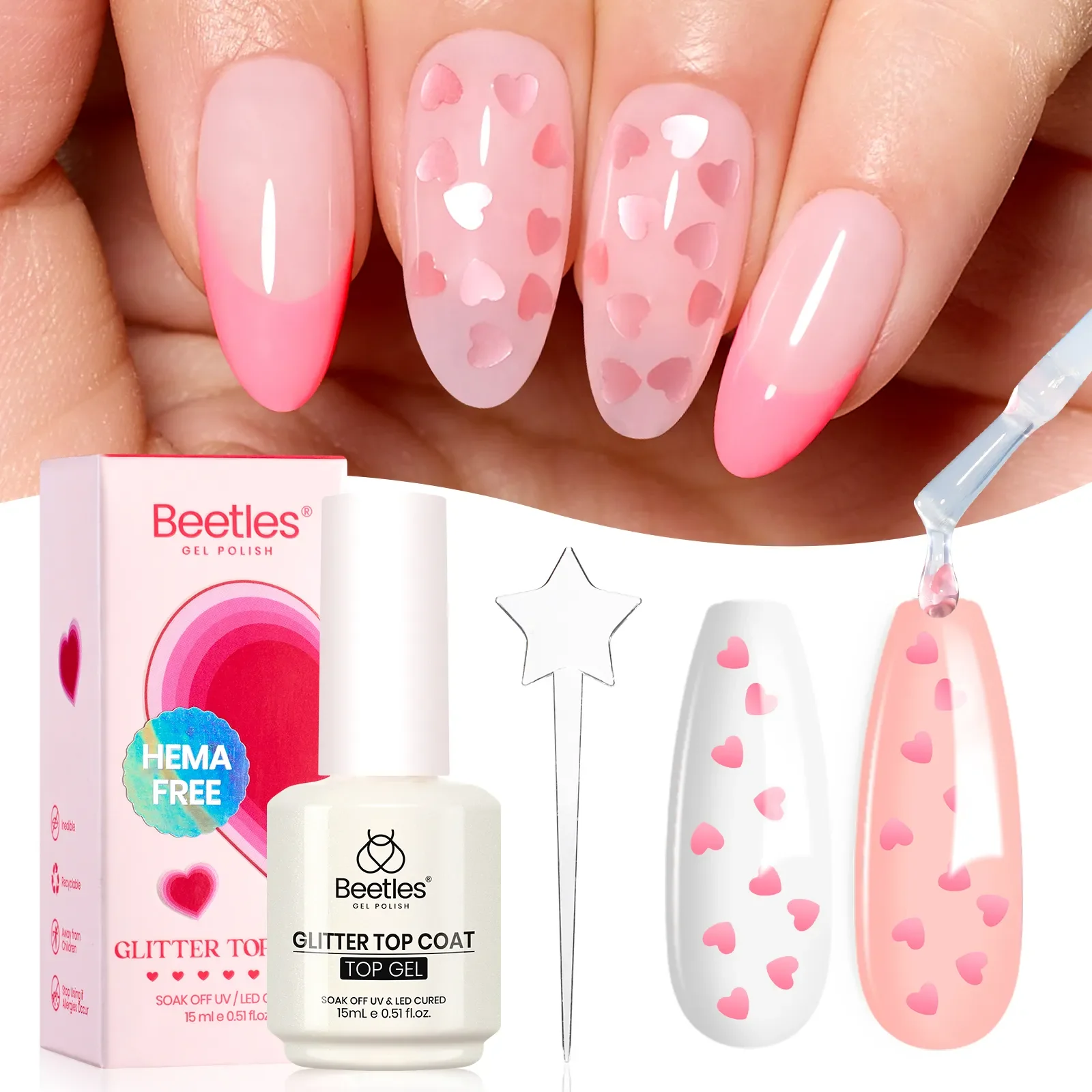 Beetles Pink Heart Spring Holographic Glitter Top Coat | 15ML Hema Free - Image 2