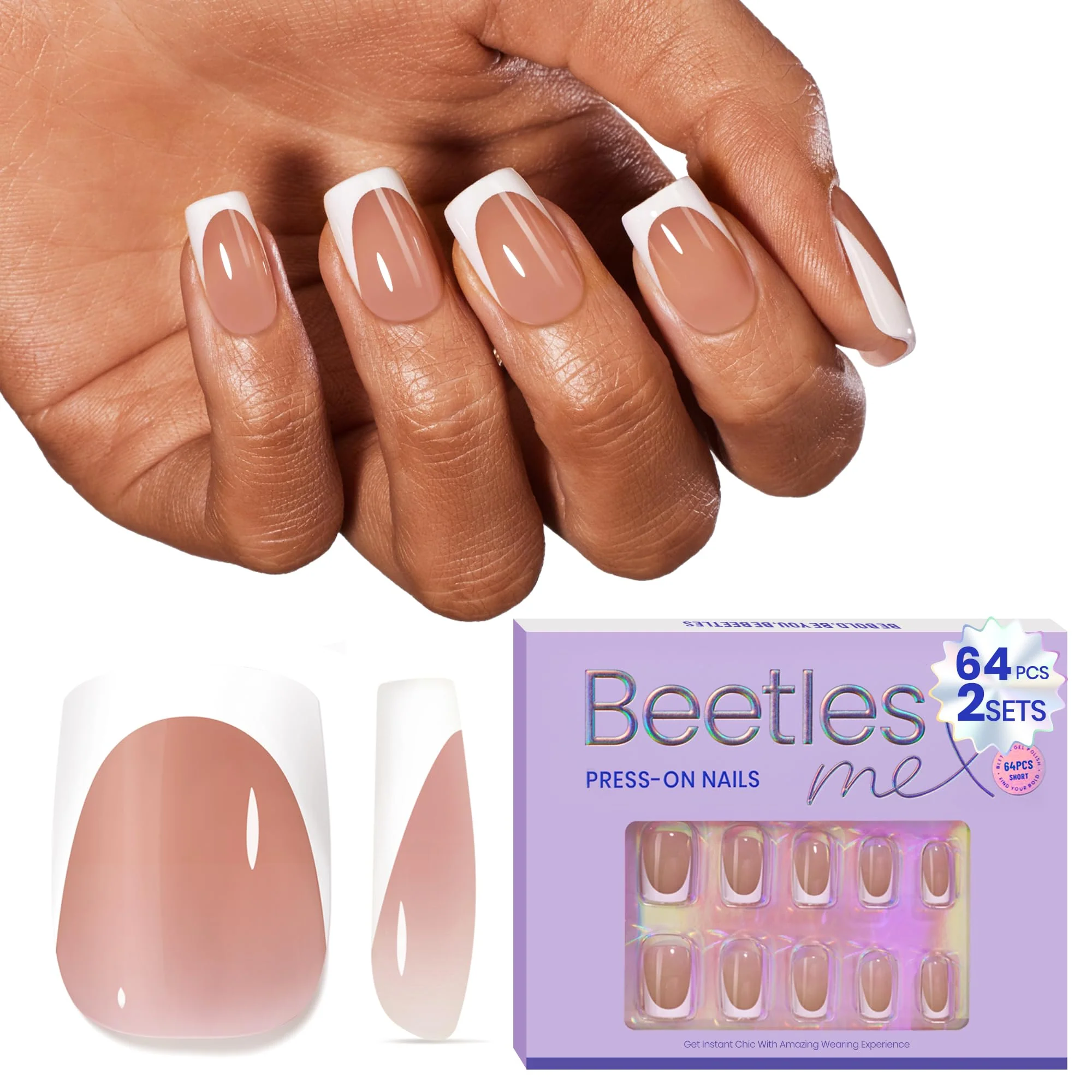 Beetles Short Square French Tip Press On Nails Brown 64 Pcs