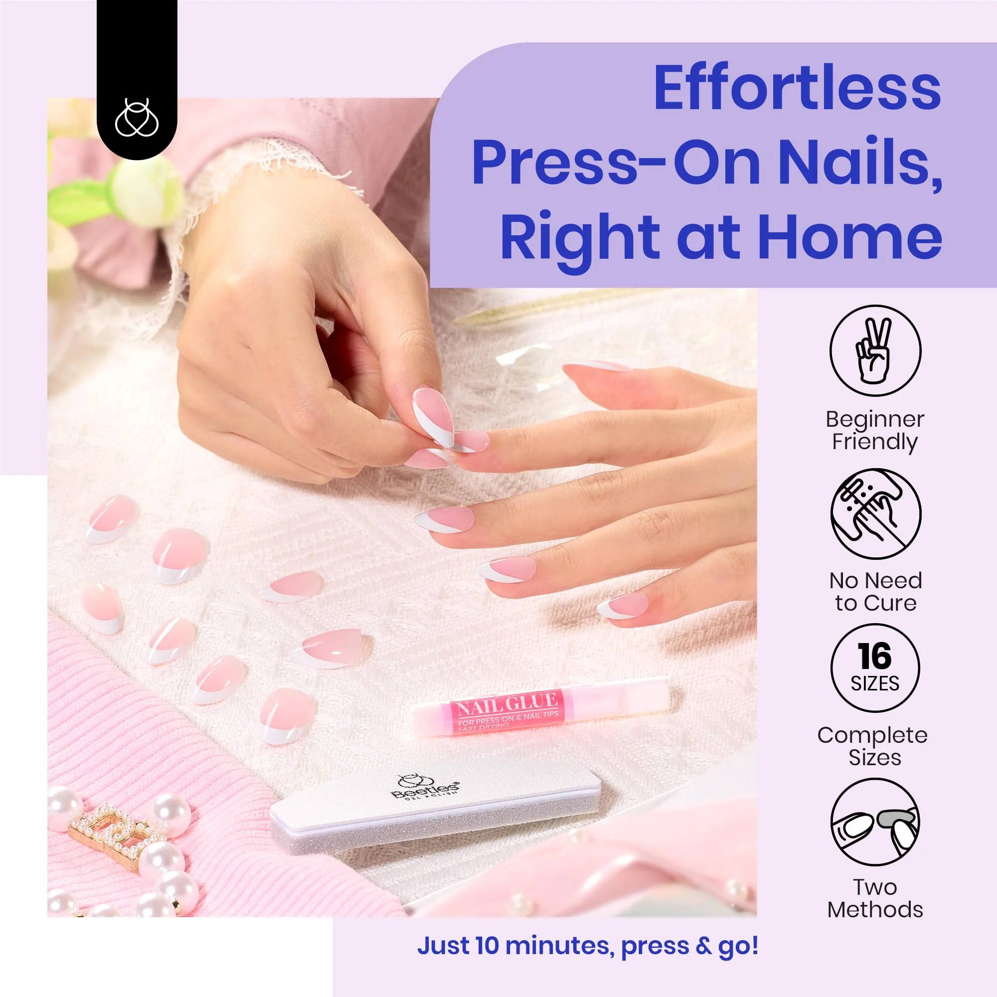 Beetles Short Square French Tip Press On Nails Brown 64 Pcs - Image 7