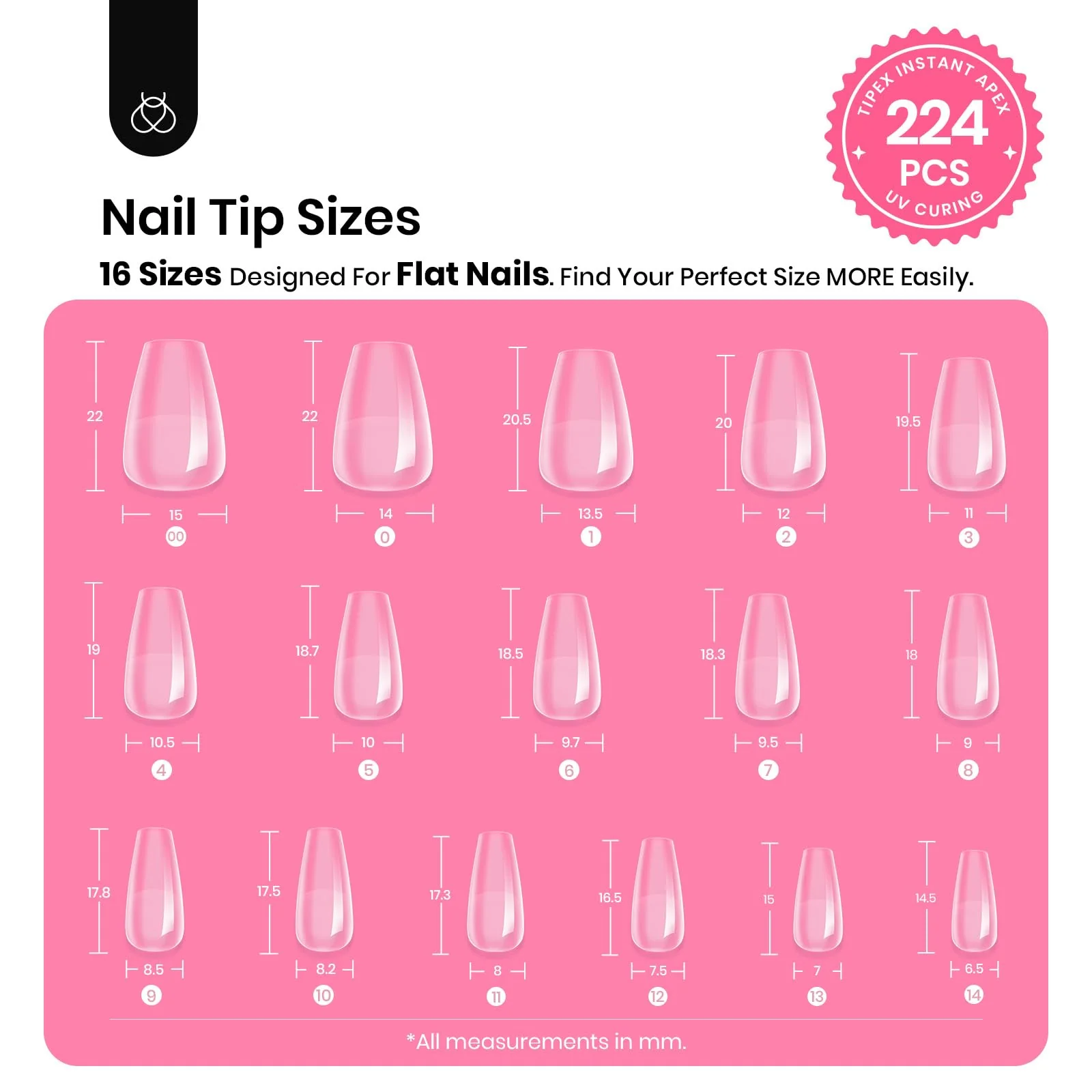 Beetles Tipex Gel Nail Kit Short - 224 Pcs 16 Sizes Pre-Building Pre-Etched False Nail Tips - Image 3