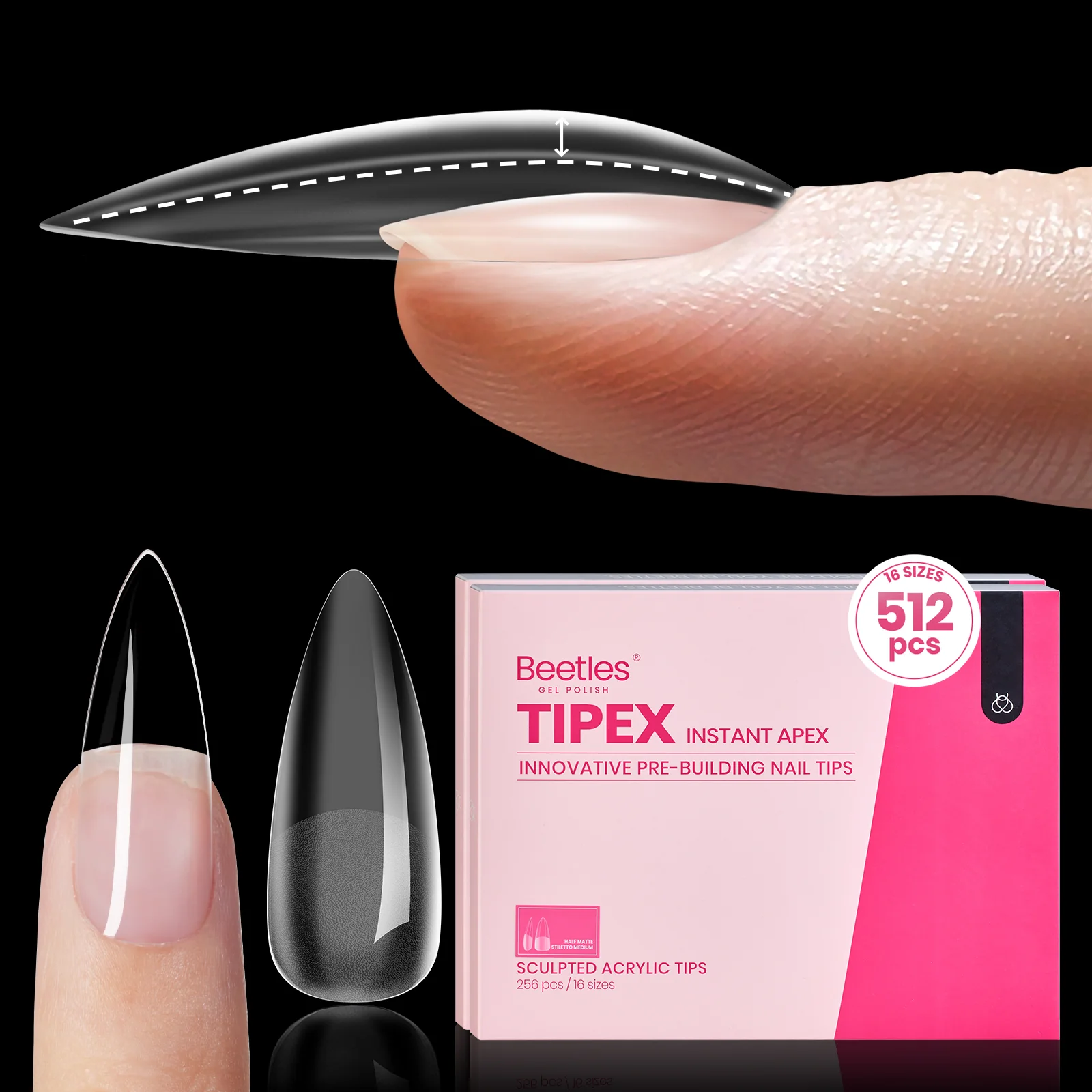 Beetles Tipex Instant Apex Nail Tips, 512 Pieces Medium Stiletto Pre-Building & Pre-Etched Strong Thick Acrylic Nail Tips 16 Sizes for Flat Nails, Press on Nails Valentine's Day Gifts for Women