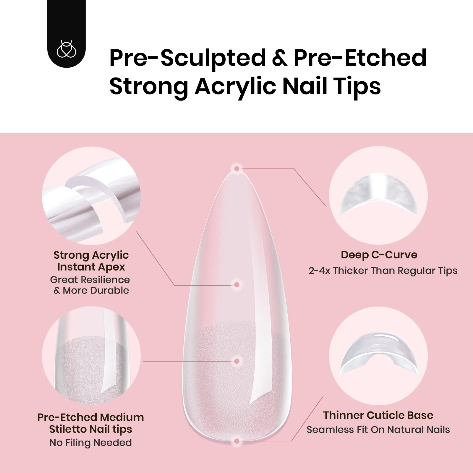 Beetles Tipex Instant Apex Nail Tips, 512 Pieces Medium Stiletto Pre-Building & Pre-Etched Strong Thick Acrylic Nail Tips 16 Sizes for Flat Nails, Press on Nails Valentine's Day Gifts for Women - Image 3