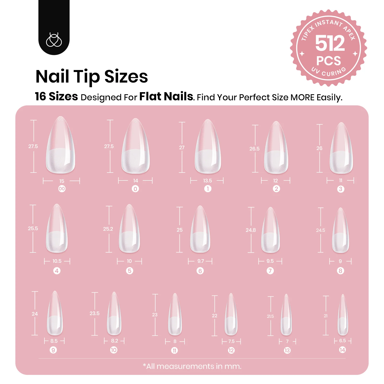 Beetles Tipex Instant Apex Nail Tips, 512 Pieces Medium Stiletto Pre-Building & Pre-Etched Strong Thick Acrylic Nail Tips 16 Sizes for Flat Nails, Press on Nails Valentine's Day Gifts for Women - Image 6