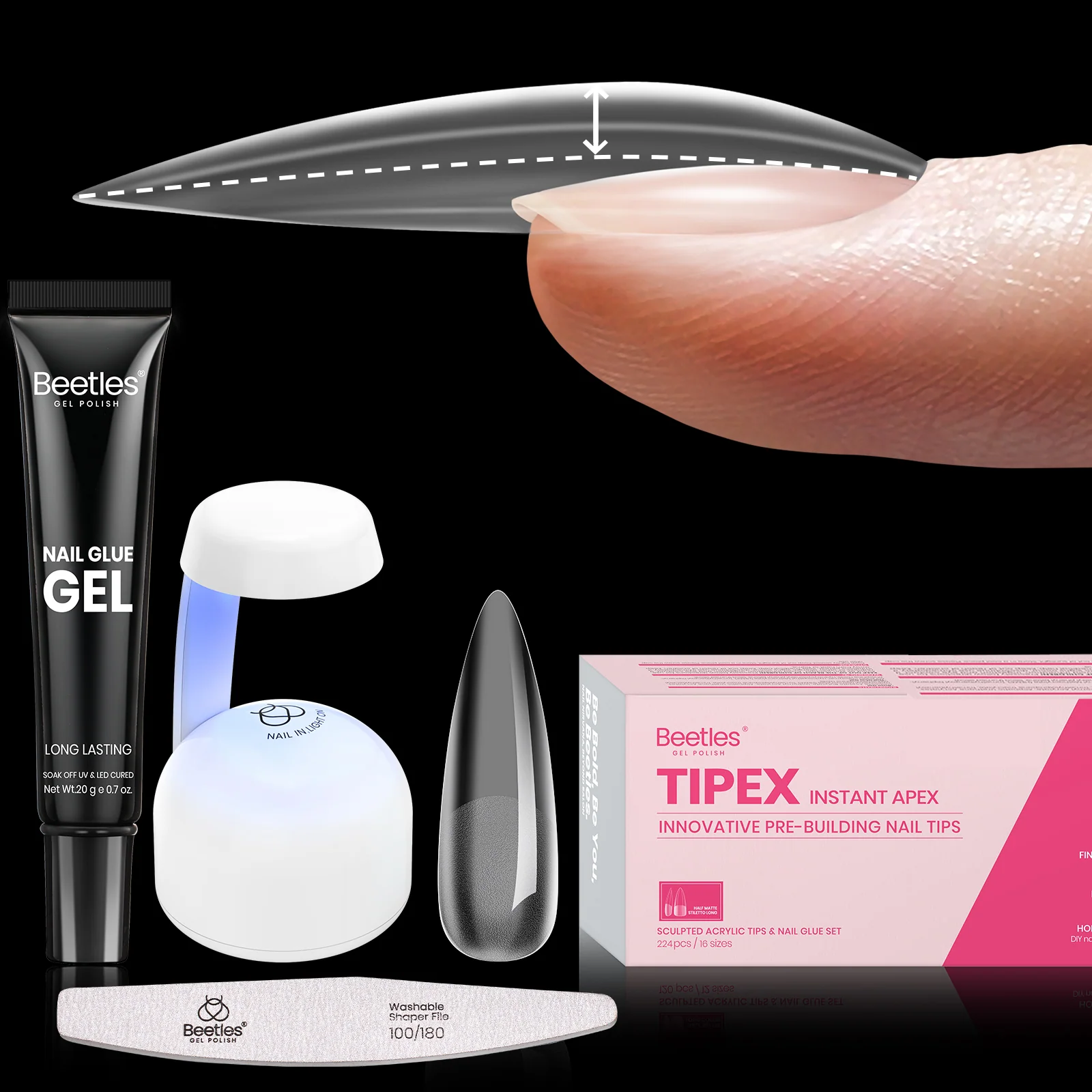 Beetles Tipex Instant Apex Nail Tips Kit, Long Stiletto 224Pcs 16 Sizes Pre-Building & Pre-Etched Gel Nail Tips Thicker Acrylic Nails False Nail Extension with Uv Nail Glue Nail Lamp for Flat Nails