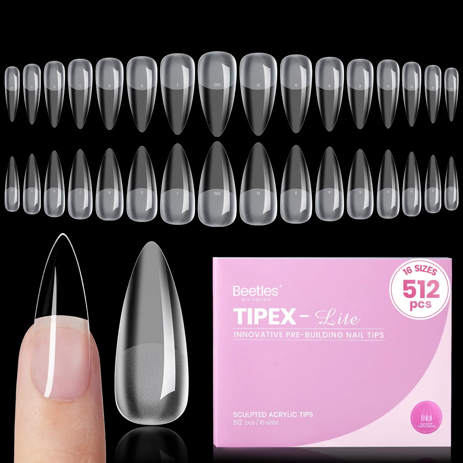 Beetles Tipex Lite Apex Nail Tips - Stiletto Medium 512pcs 16 Sizes