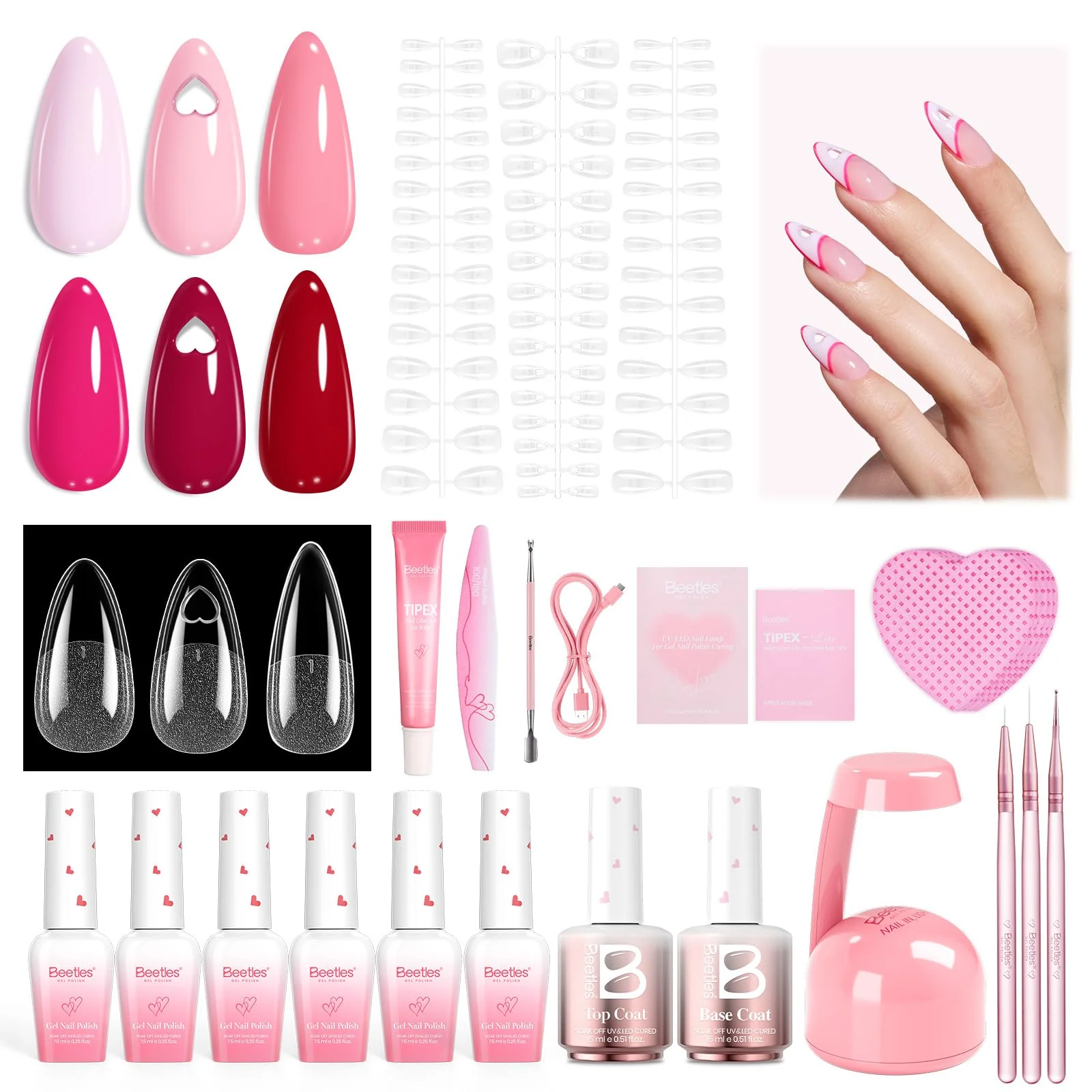 Beetles Tipex Lite Spring Nails Kit - 192pcs Heart Cutout Pre-Built Apex Almond & Stiletto Medium Nail Tips