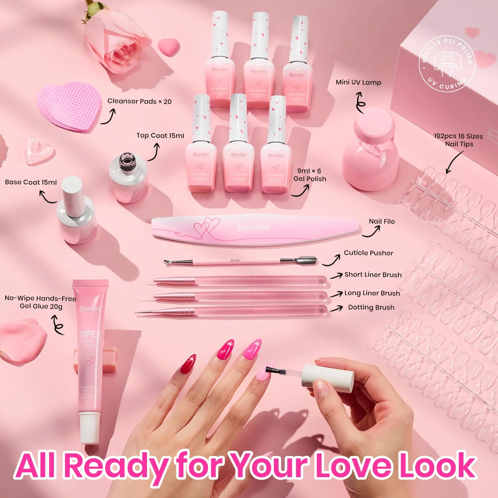 Beetles Tipex Lite Spring Nails Kit - 192pcs Heart Cutout Pre-Built Apex Almond & Stiletto Medium Nail Tips - Image 2