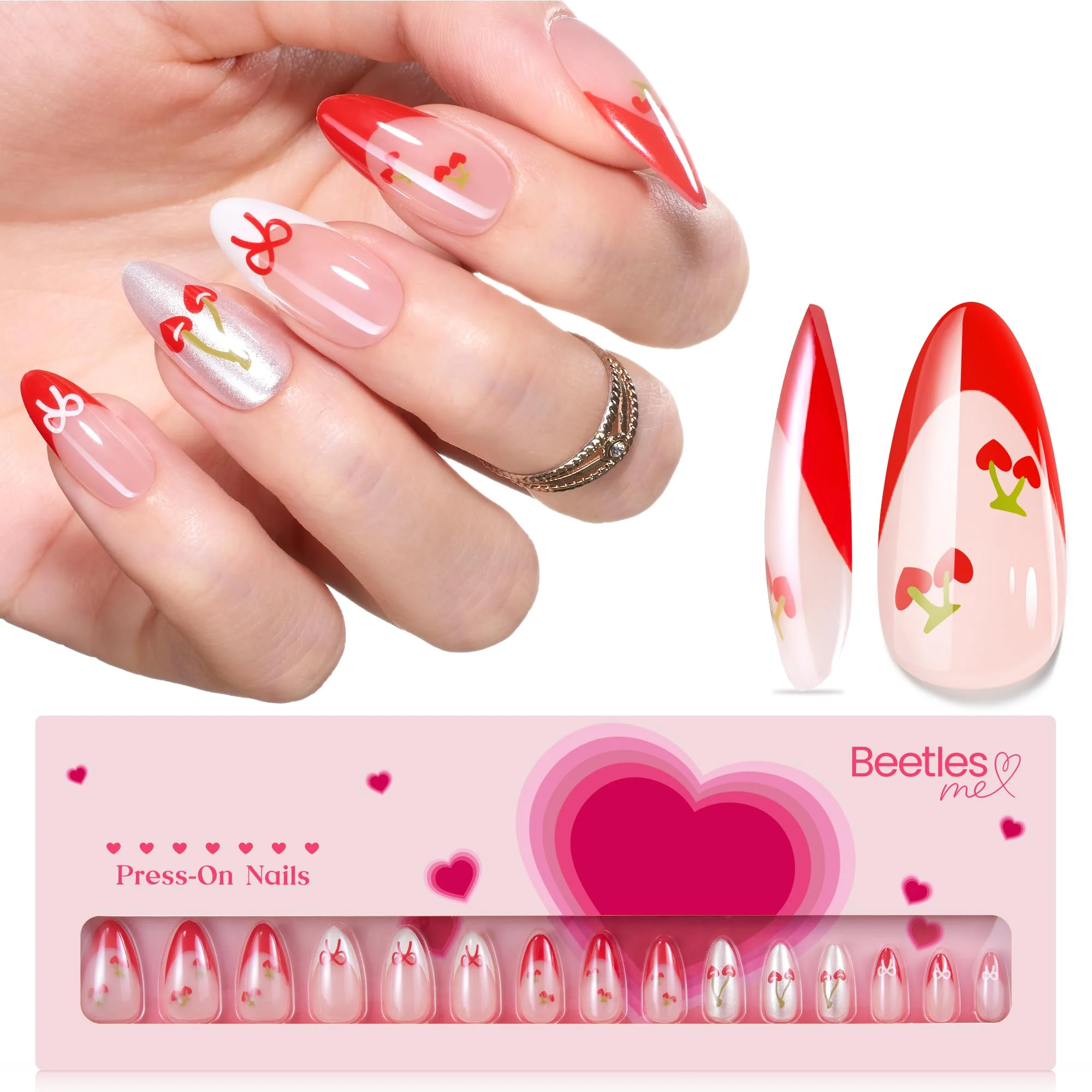 Beetles Spring Cherry Red French Press on Nails | Medium Almond 15 Sizes-30Pcs