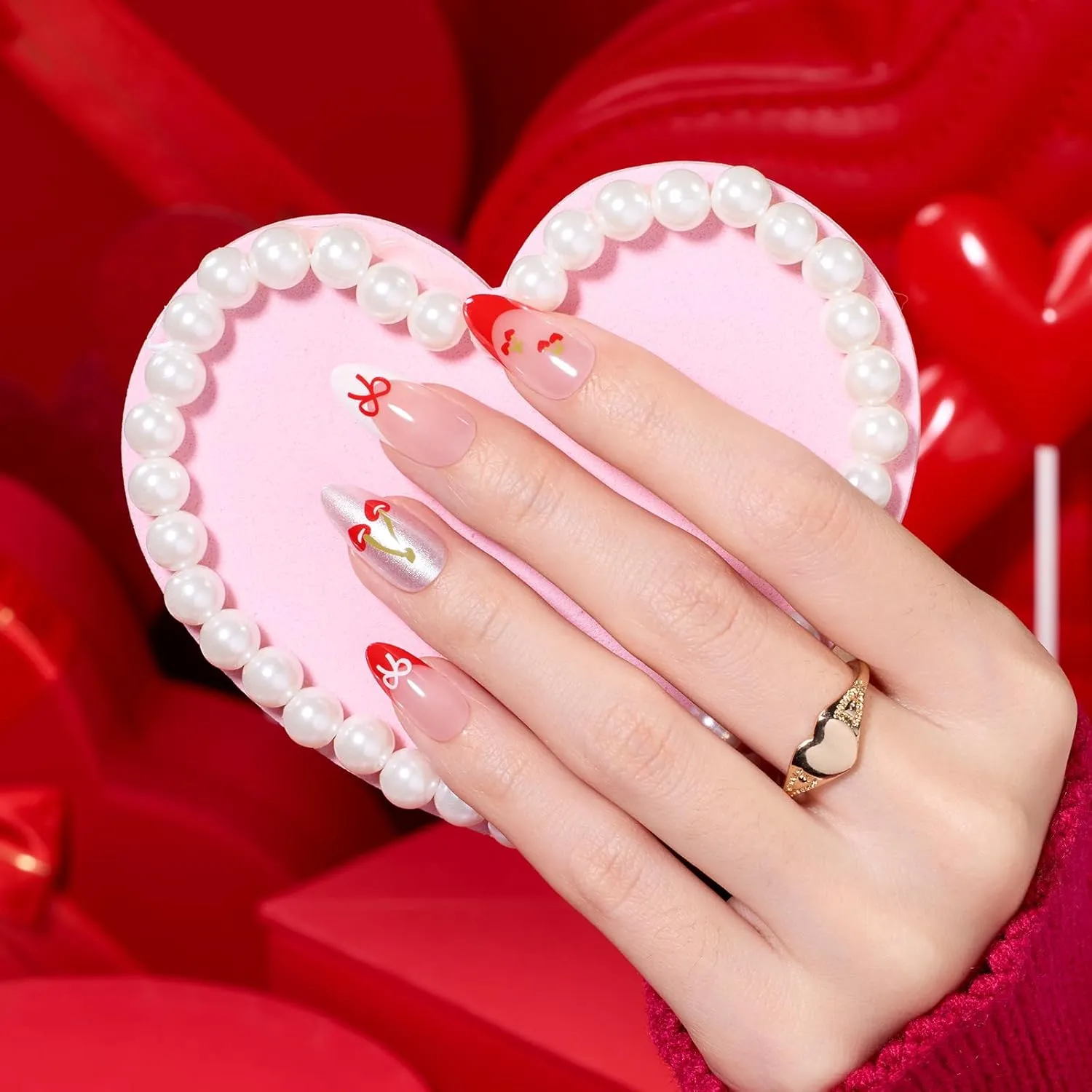 Beetles Spring Cherry Red French Press on Nails | Medium Almond 15 Sizes-30Pcs - Image 2