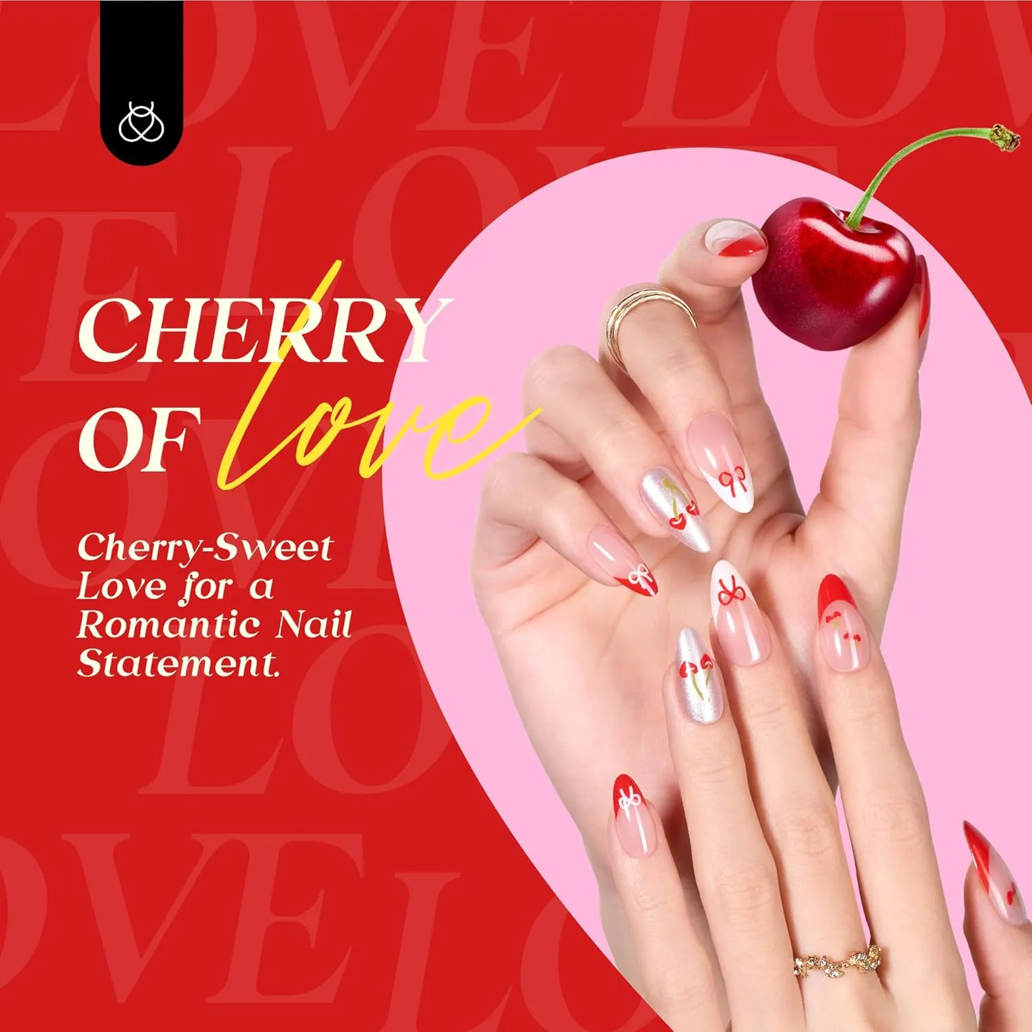 Beetles Spring Cherry Red French Press on Nails | Medium Almond 15 Sizes-30Pcs - Image 3