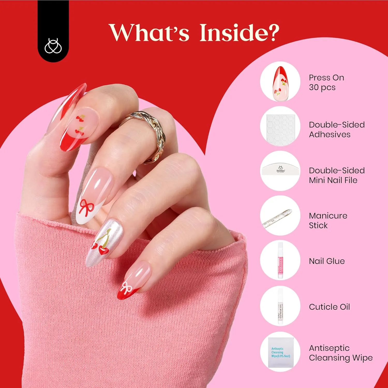 Beetles Spring Cherry Red French Press on Nails | Medium Almond 15 Sizes-30Pcs - Image 4