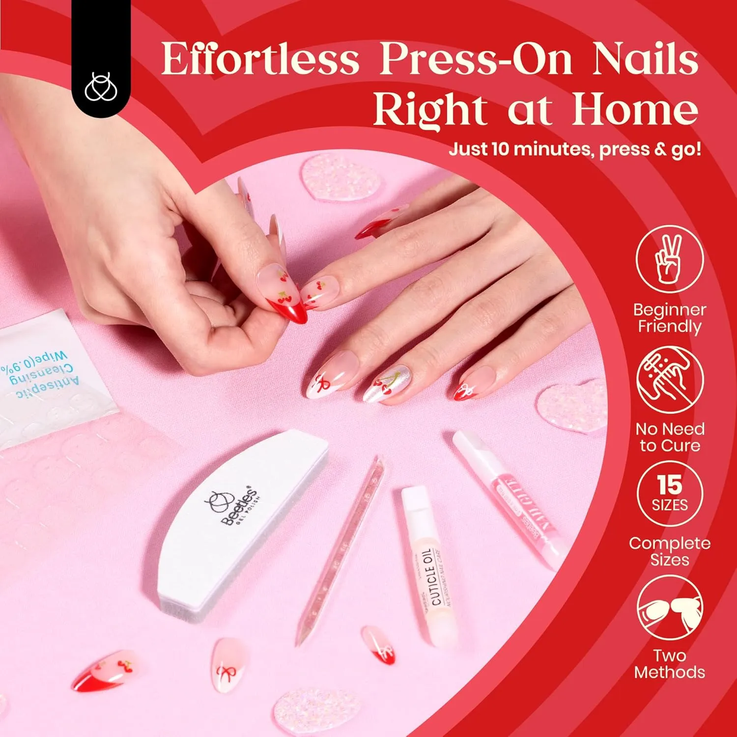 Beetles Spring Cherry Red French Press on Nails | Medium Almond 15 Sizes-30Pcs - Image 8