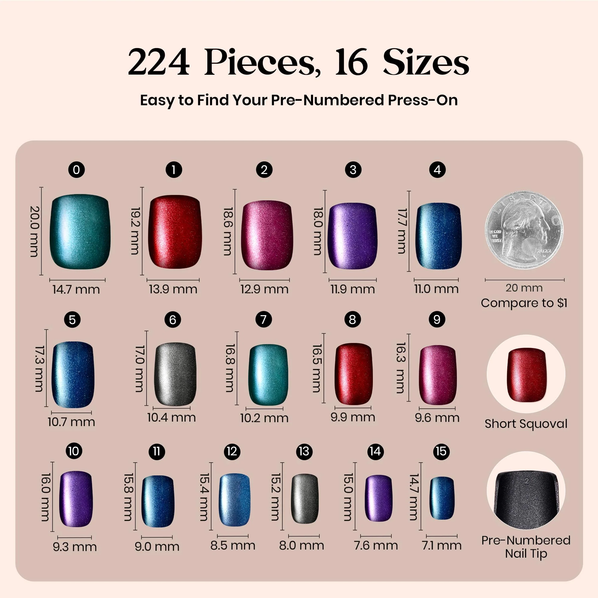 Beetles X Press Cat Eye Nails - 16 Sizes 224 Pcs 7 Colors Short Square Press On Nails Natural Salon Quality - Image 5