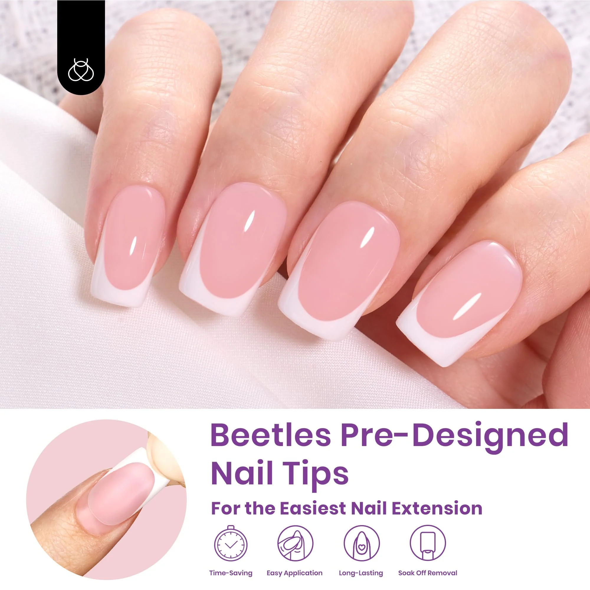 Beetles X Press Plus French Tip Nails Short Square - 16 Sizes 224 Pcs Natural Salon Quality Gel Nail Tips - Image 3
