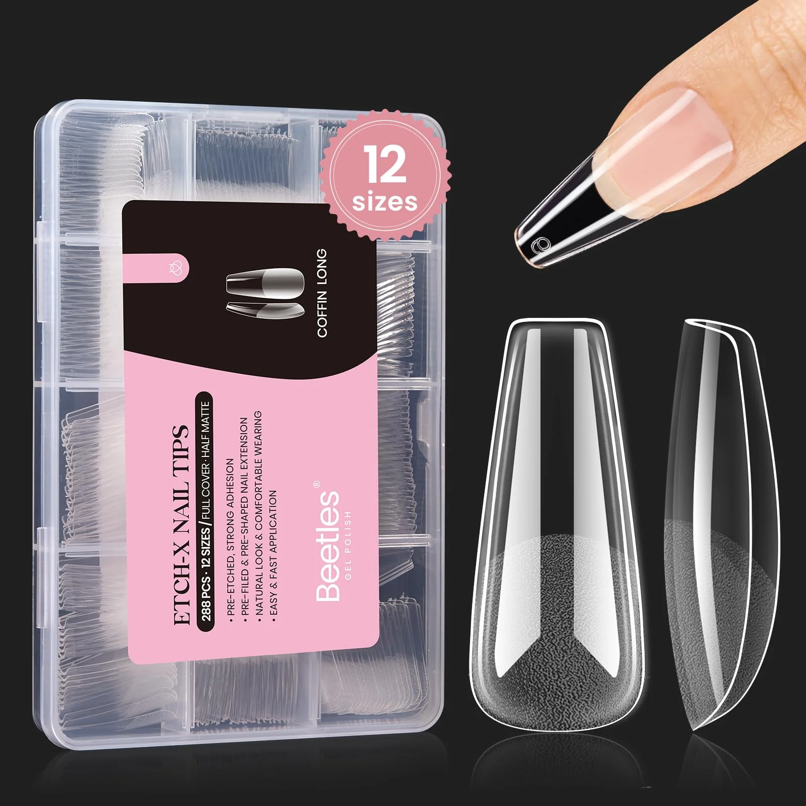 Etch-X Nail Tips Long Coffin Half Matte | 288Pcs