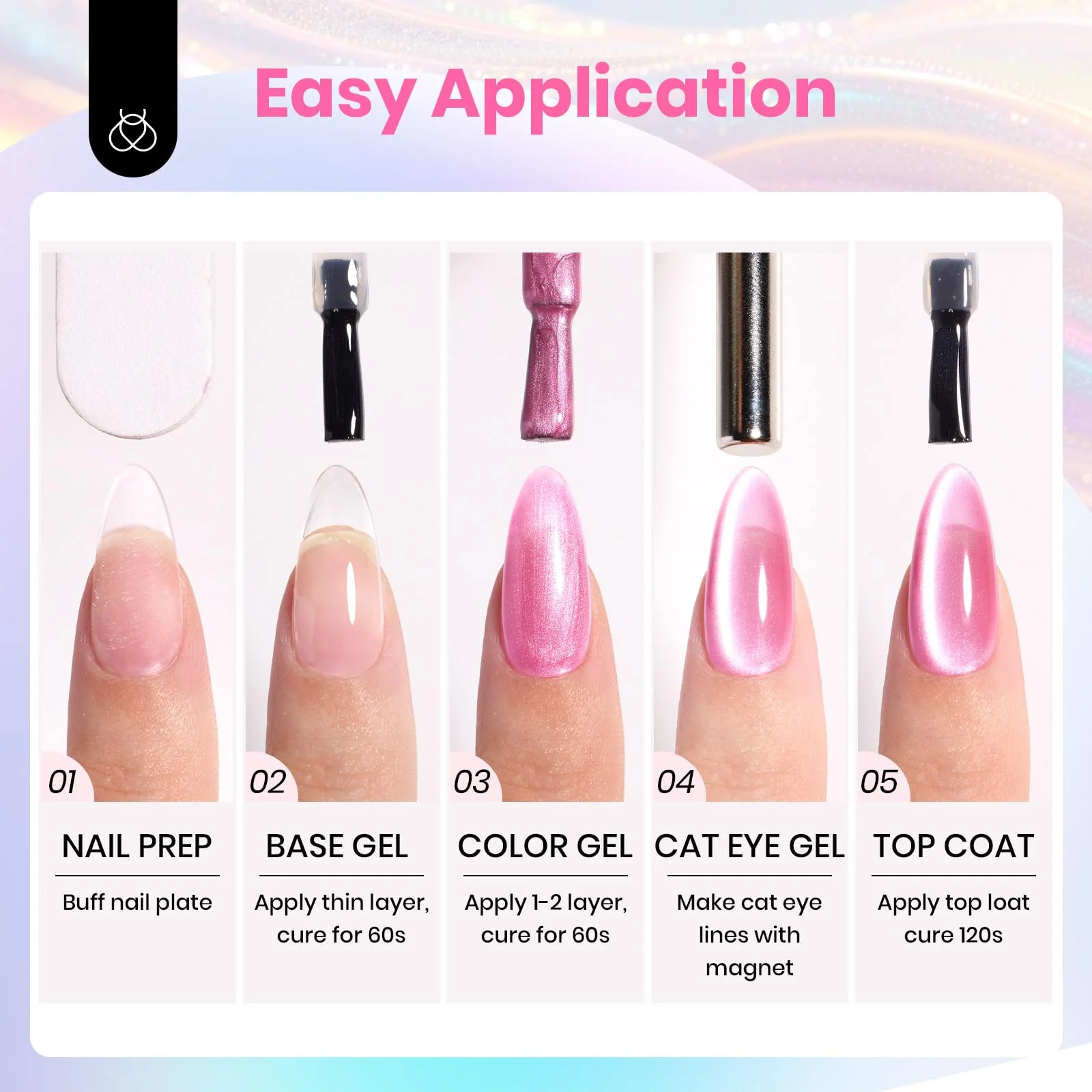Iridescent Halo Spring Nails  - 6 Colors Summer Rainbow Cat Eye Gel Nail Polish Set - Image 7